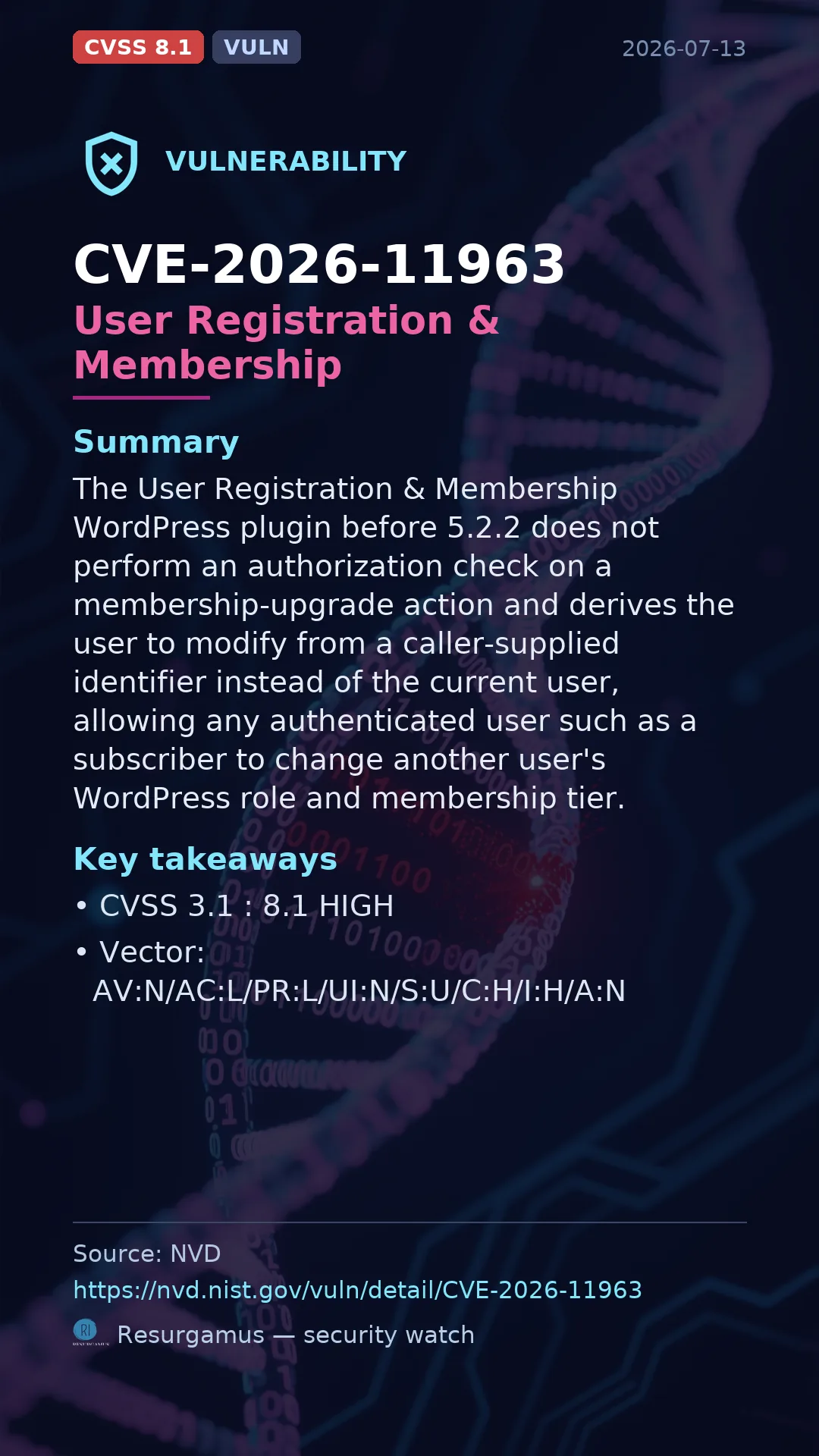 CVE-2026-11963 User Registration & Membership Vulnerability
