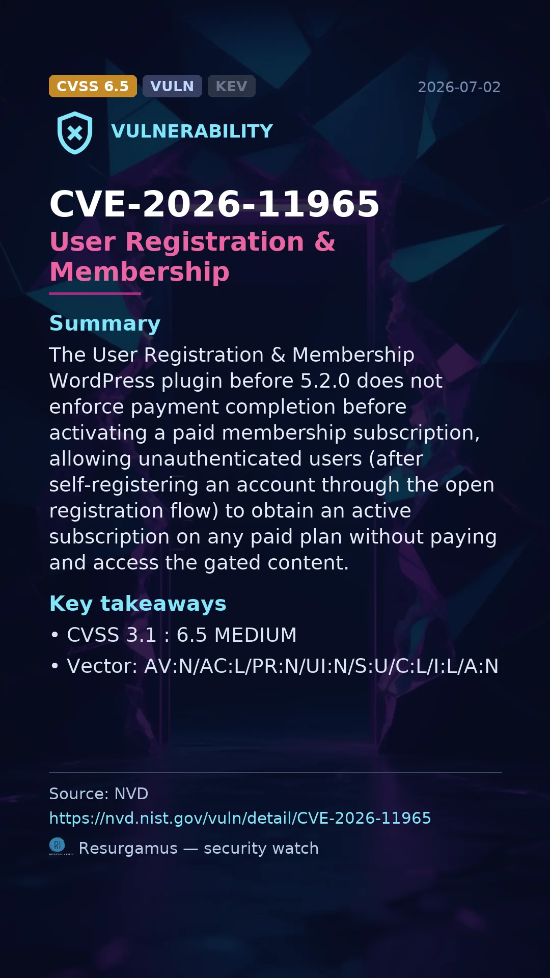 CVE-2026-11965 User Registration & Membership Vulnerability