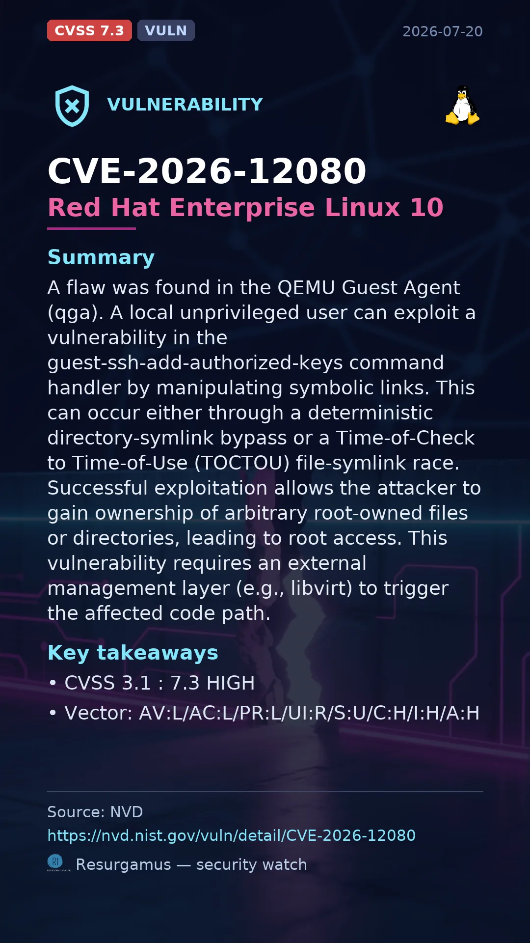 CVE-2026-12080 Red Hat Enterprise Linux 10 Vulnerability