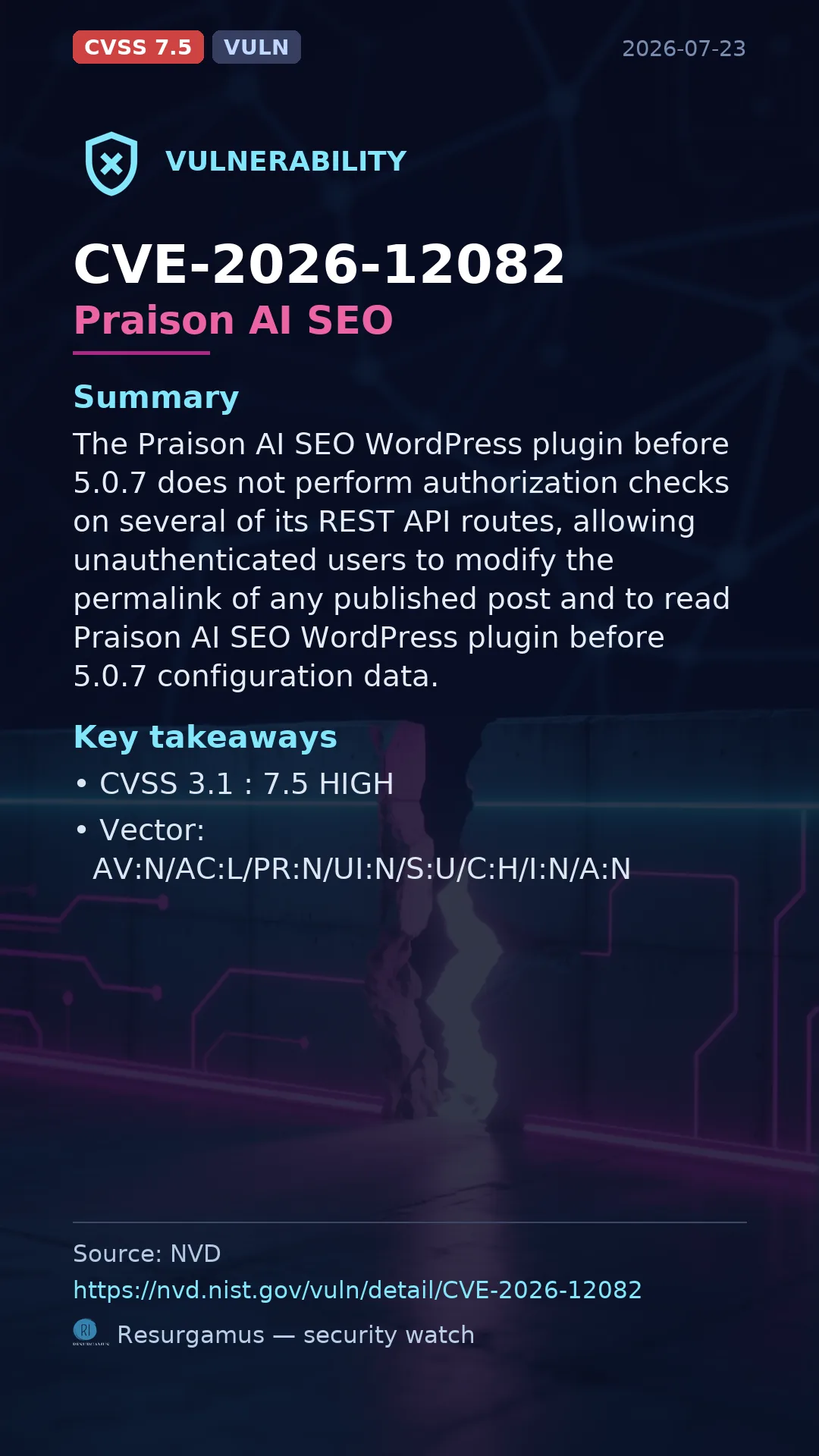 CVE-2026-12082 Praison AI SEO Vulnerability