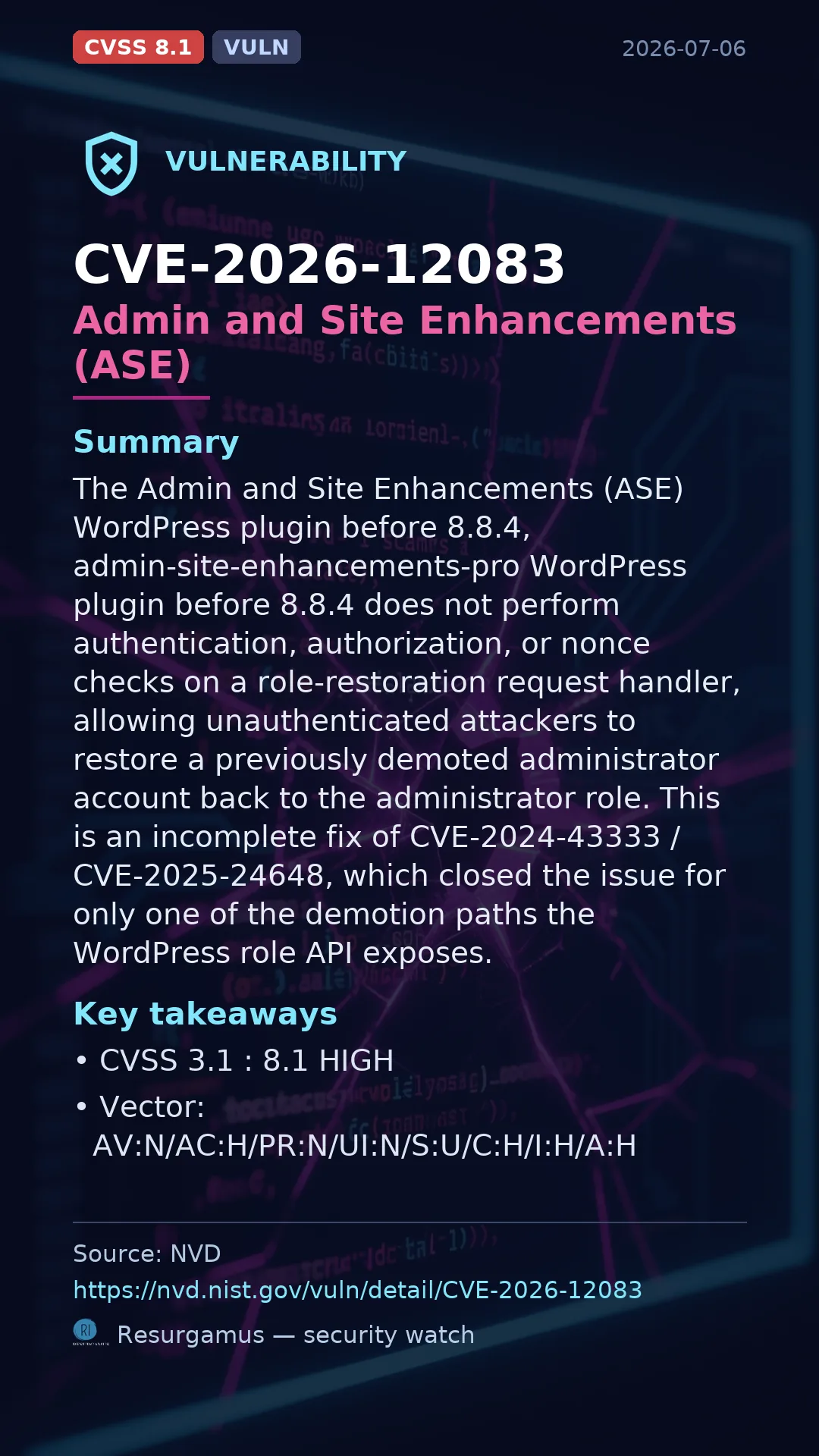 CVE-2026-12083 Admin and Site Enhancements (ASE) Vulnerability