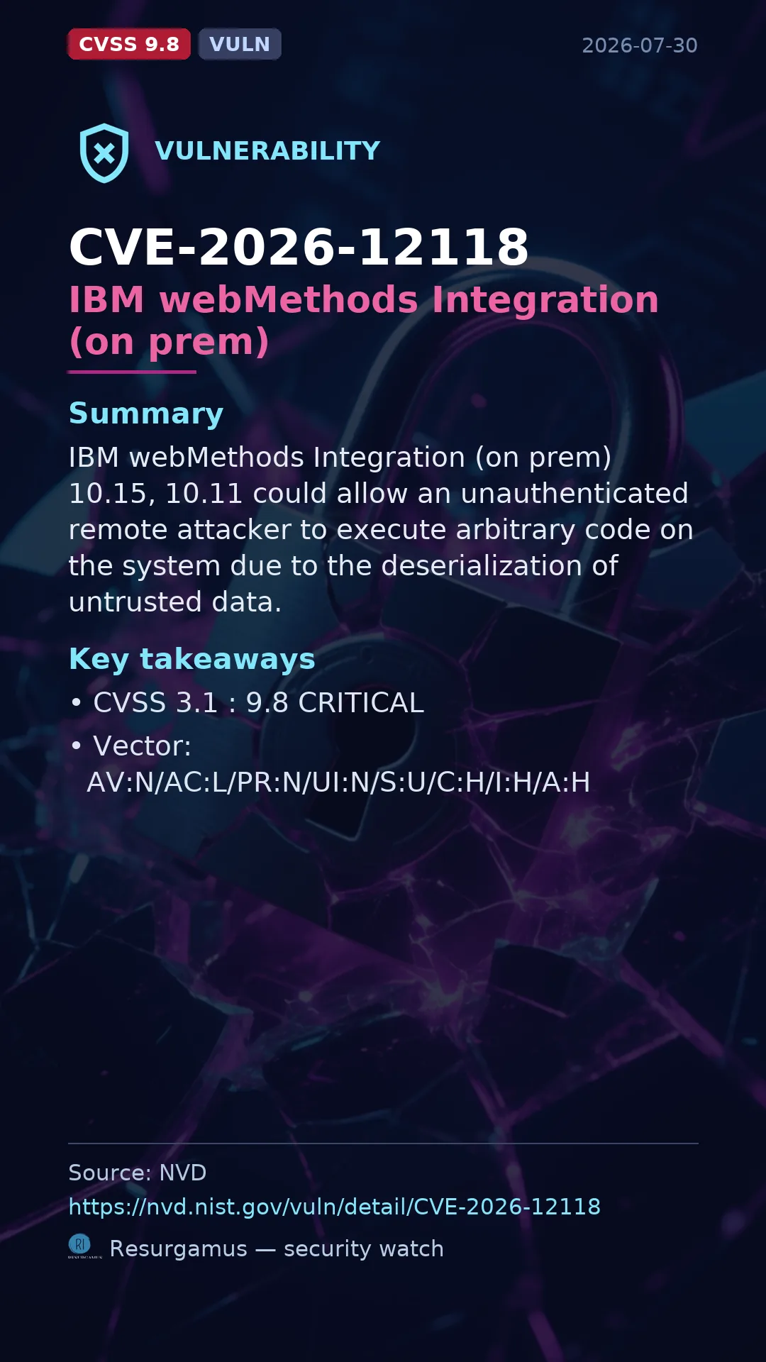 CVE-2026-12118 IBM webMethods Integration (on prem) Vulnerability