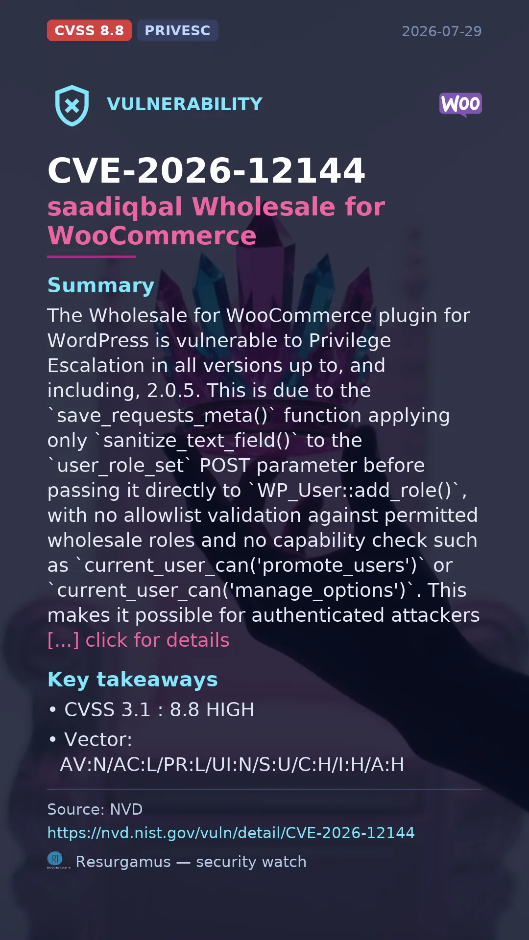 CVE-2026-12144 saadiqbal Wholesale for WooCommerce Vulnerability