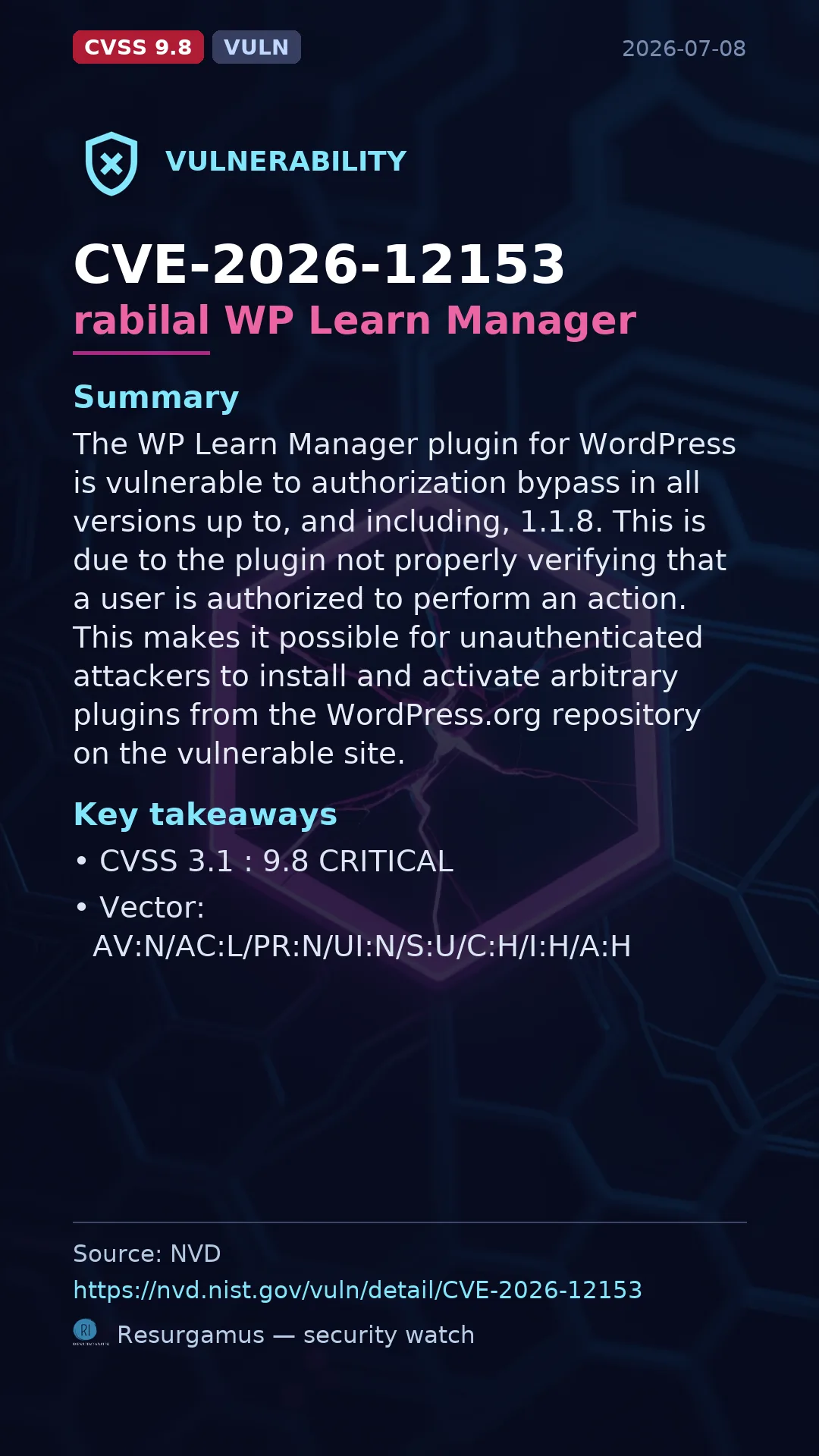 CVE-2026-12153 rabilal WP Learn Manager Vulnerability