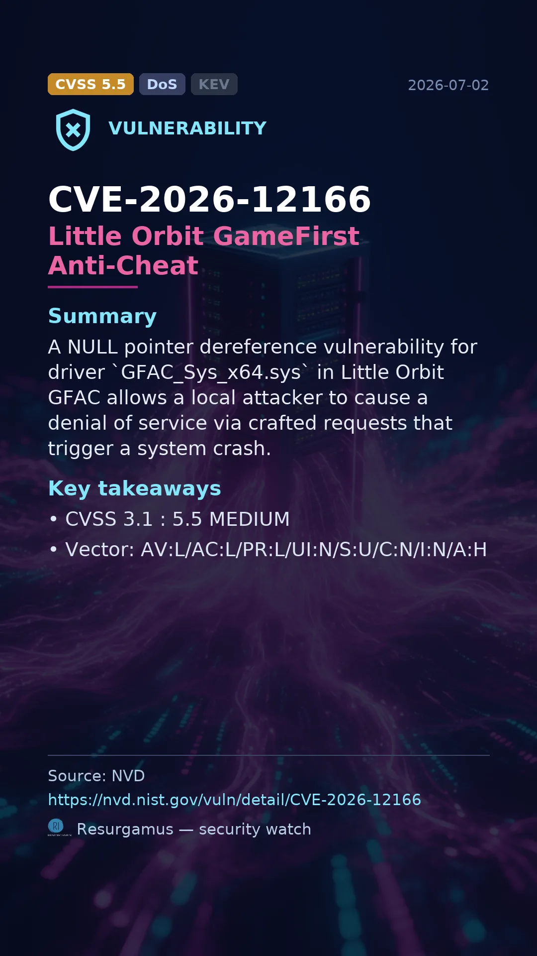 CVE-2026-12166 Little Orbit GameFirst Anti-Cheat Vulnerability