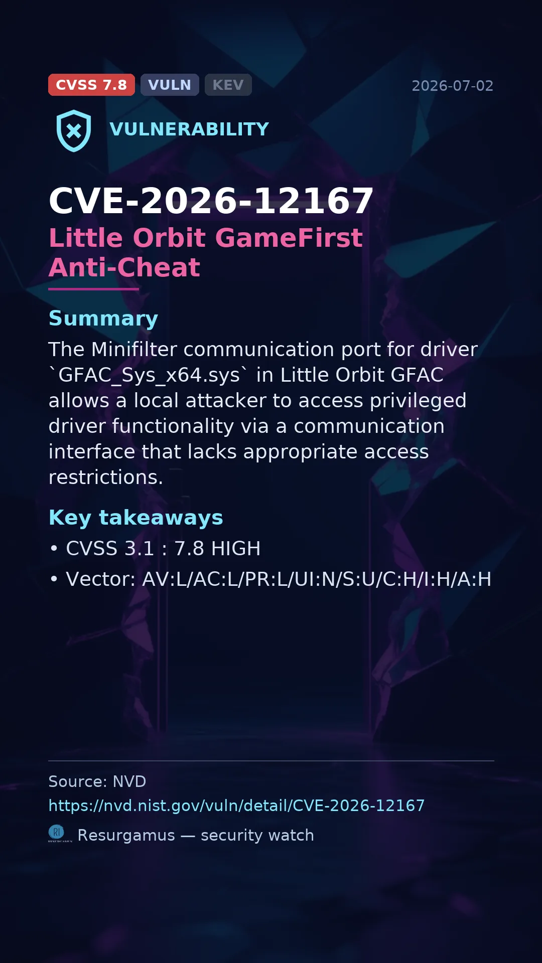 CVE-2026-12167 Little Orbit GameFirst Anti-Cheat Vulnerability