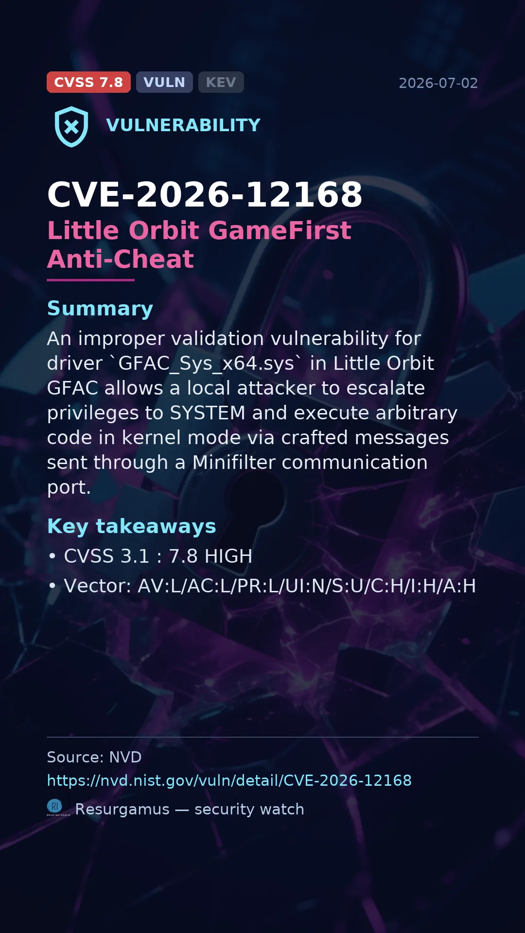 CVE-2026-12168 Little Orbit GameFirst Anti-Cheat Vulnerability