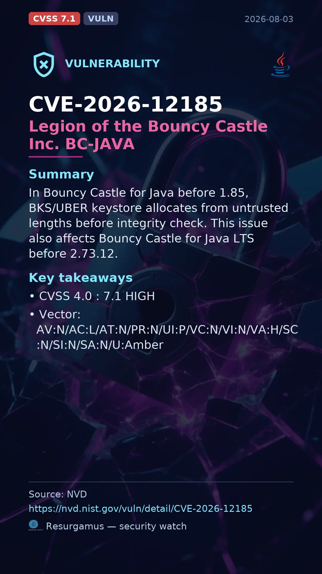 CVE-2026-12185 Legion of the Bouncy Castle Inc. BC-JAVA Vulnerability