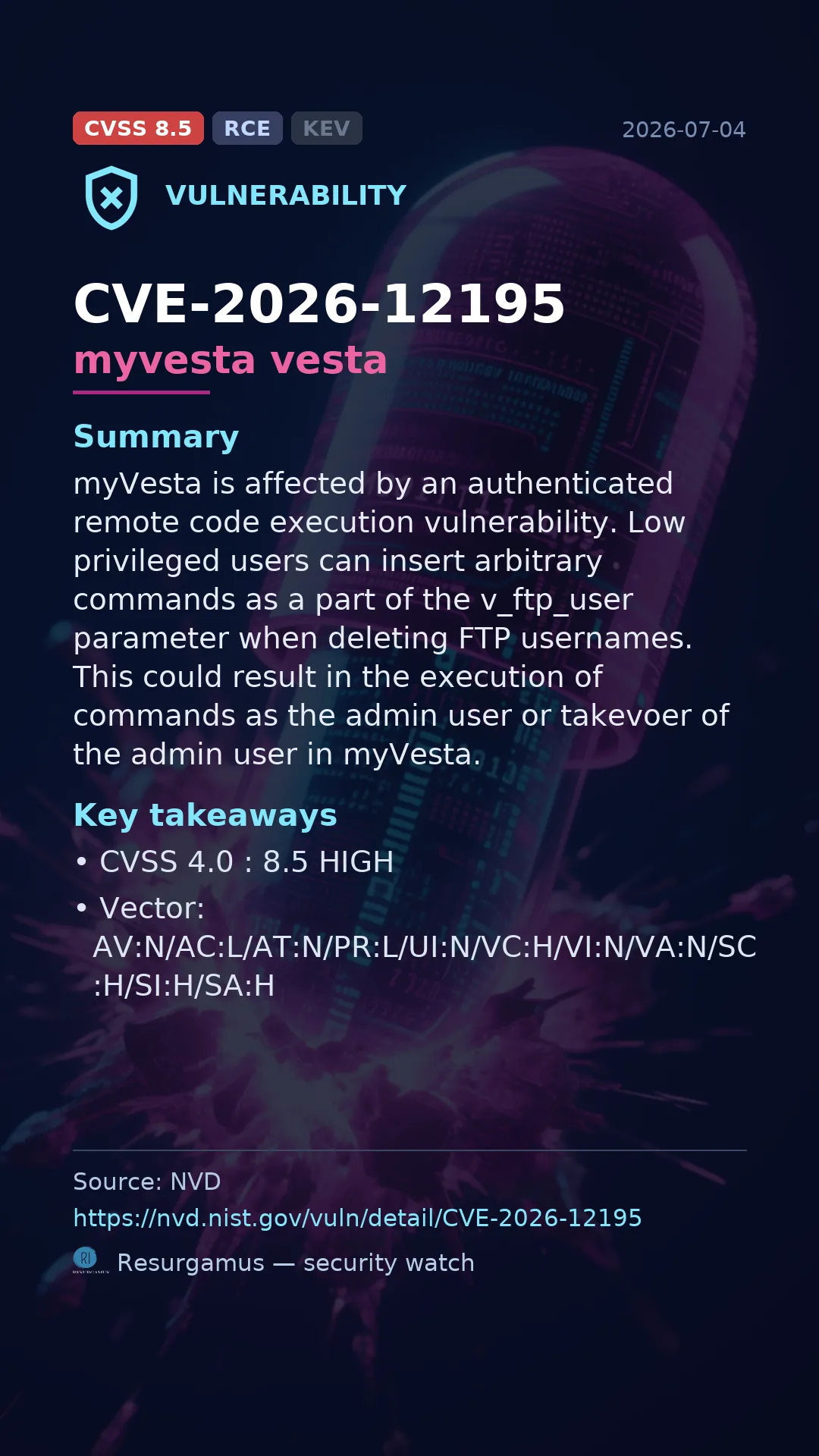 CVE-2026-12195 myvesta vesta Vulnerability