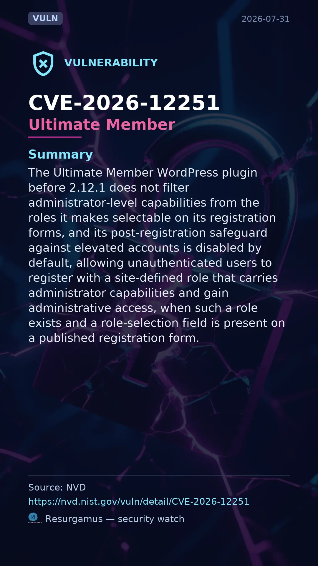 CVE-2026-12251 Ultimate Member Vulnerability