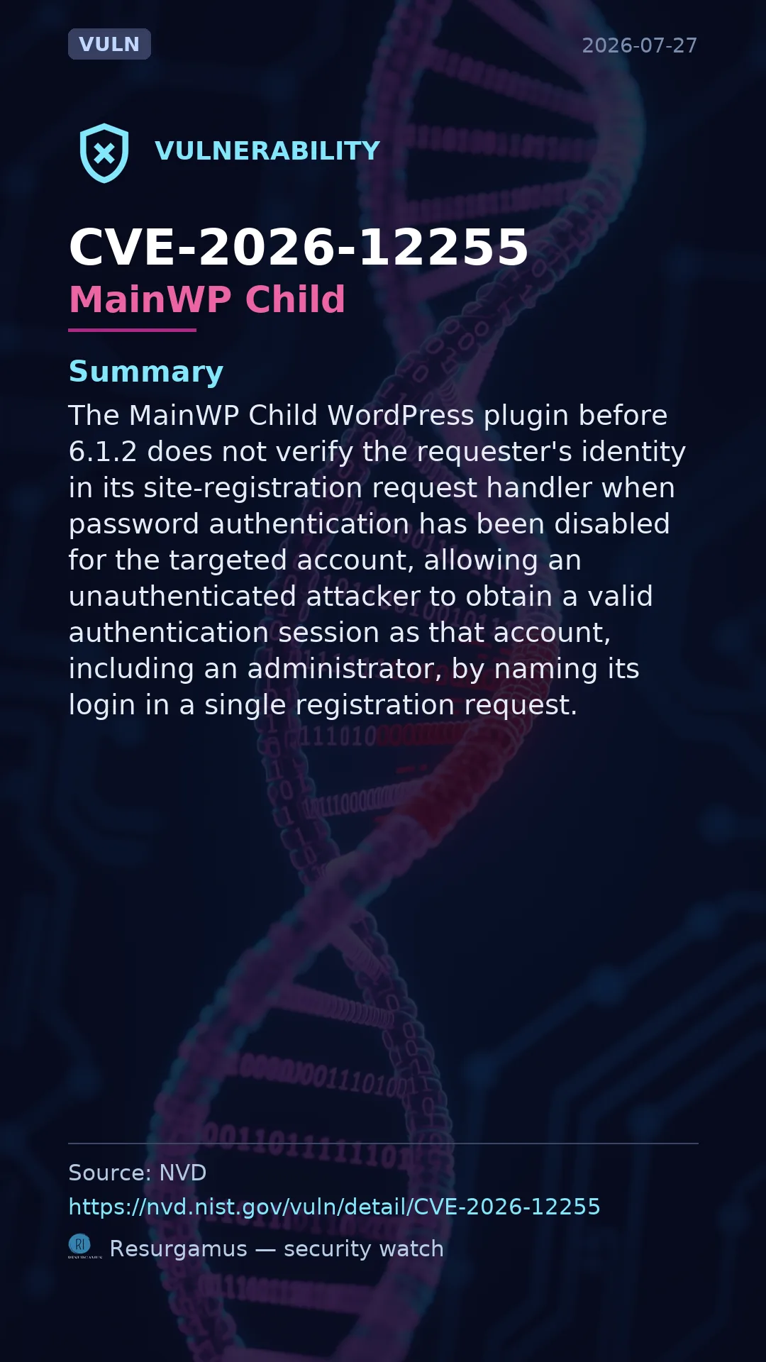 CVE-2026-12255 - MainWP Child vulnerability