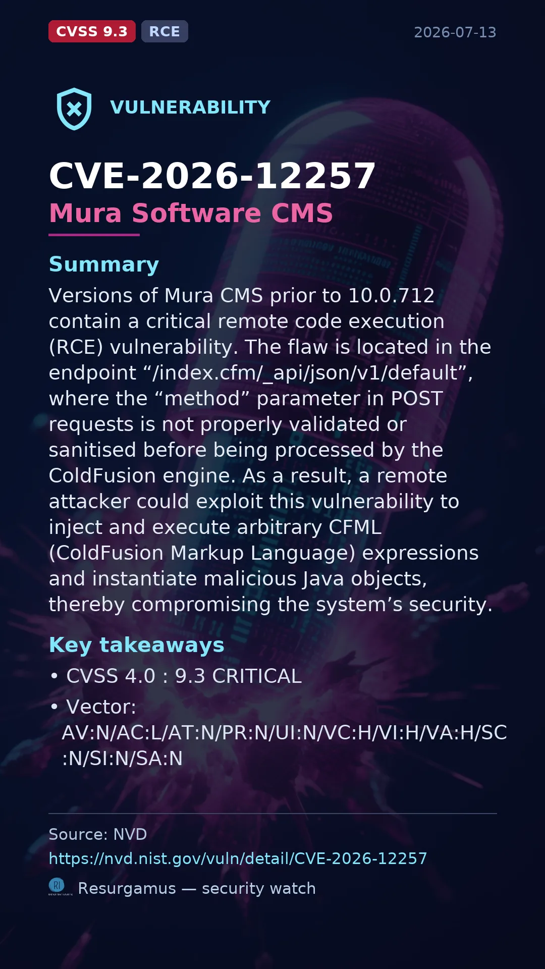 CVE-2026-12257 Mura Software CMS Vulnerability