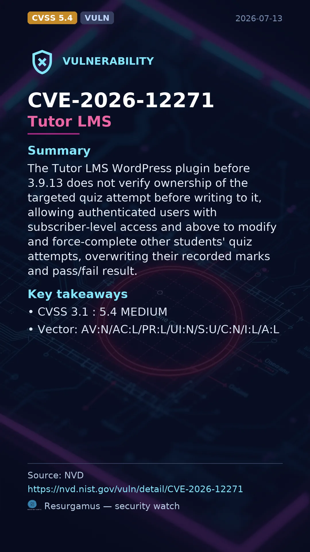 CVE-2026-12271 Tutor LMS Vulnerability