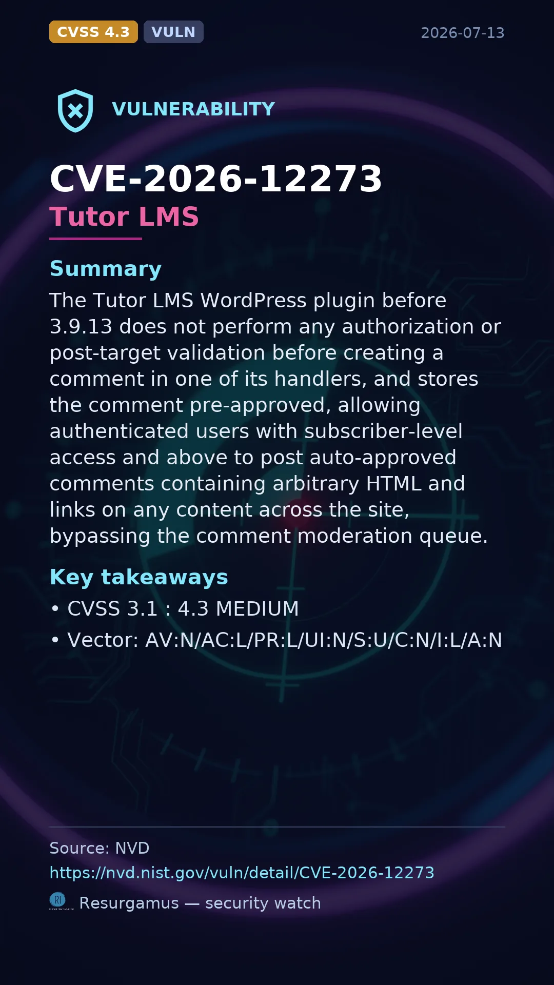 CVE-2026-12273 Tutor LMS Vulnerability