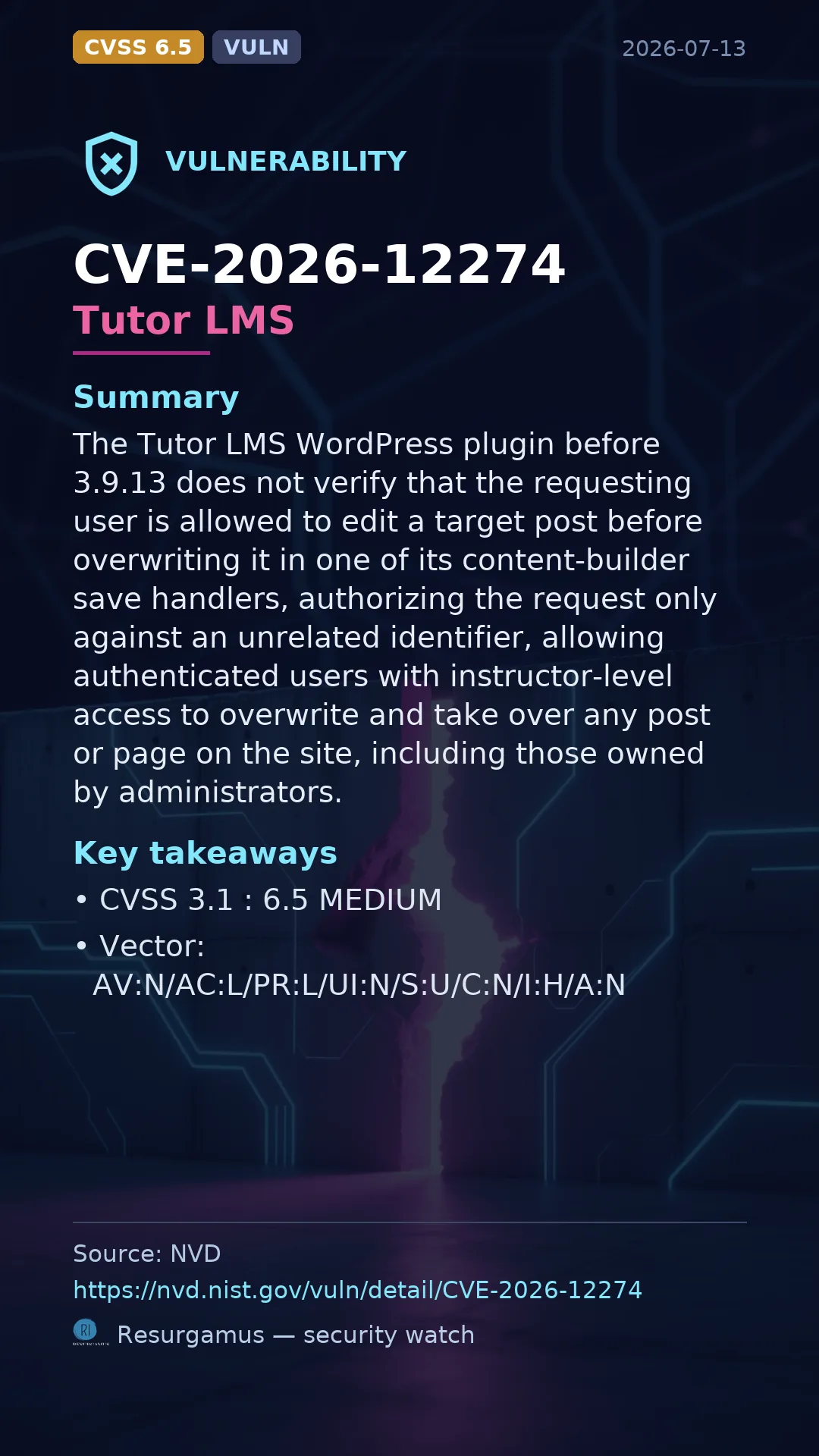 CVE-2026-12274 Tutor LMS Vulnerability