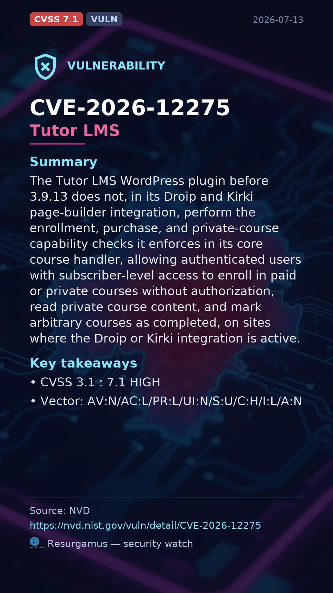 CVE-2026-12275 Tutor LMS Vulnerability