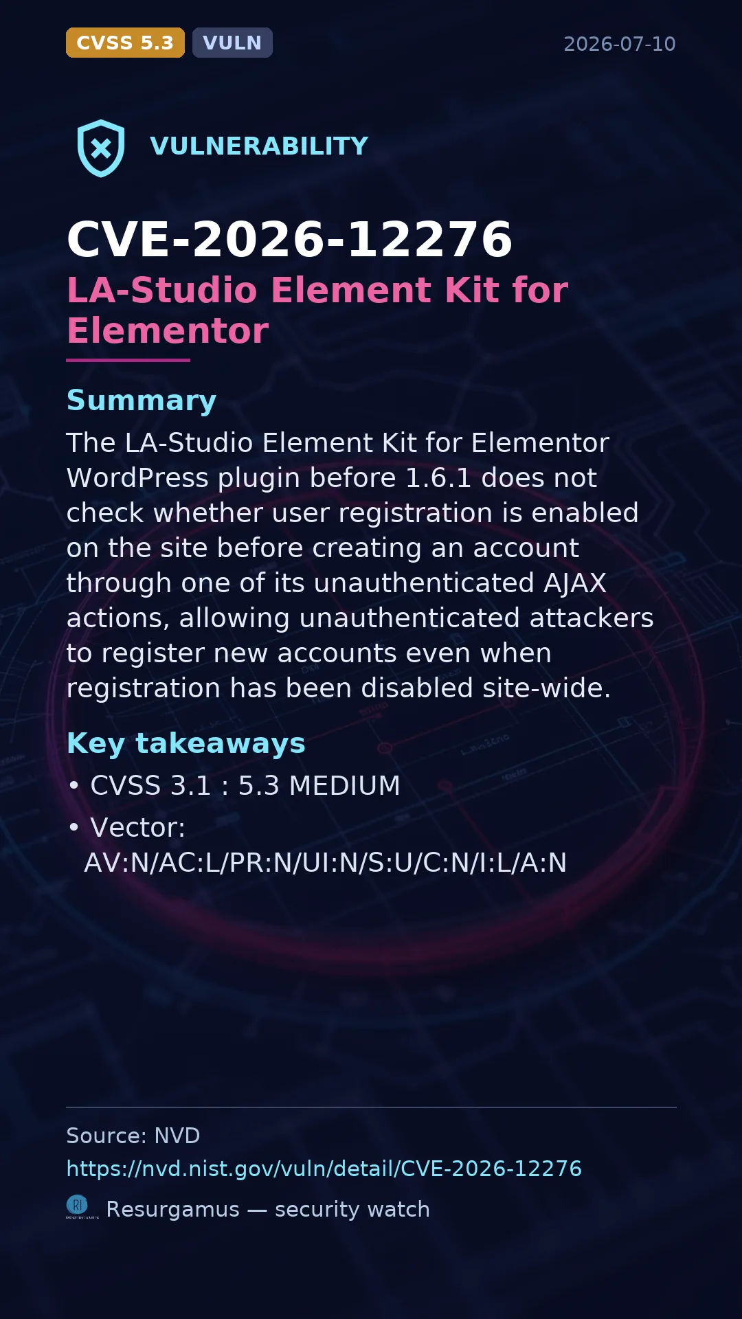 CVE-2026-12276 LA-Studio Element Kit for Elementor Vulnerability