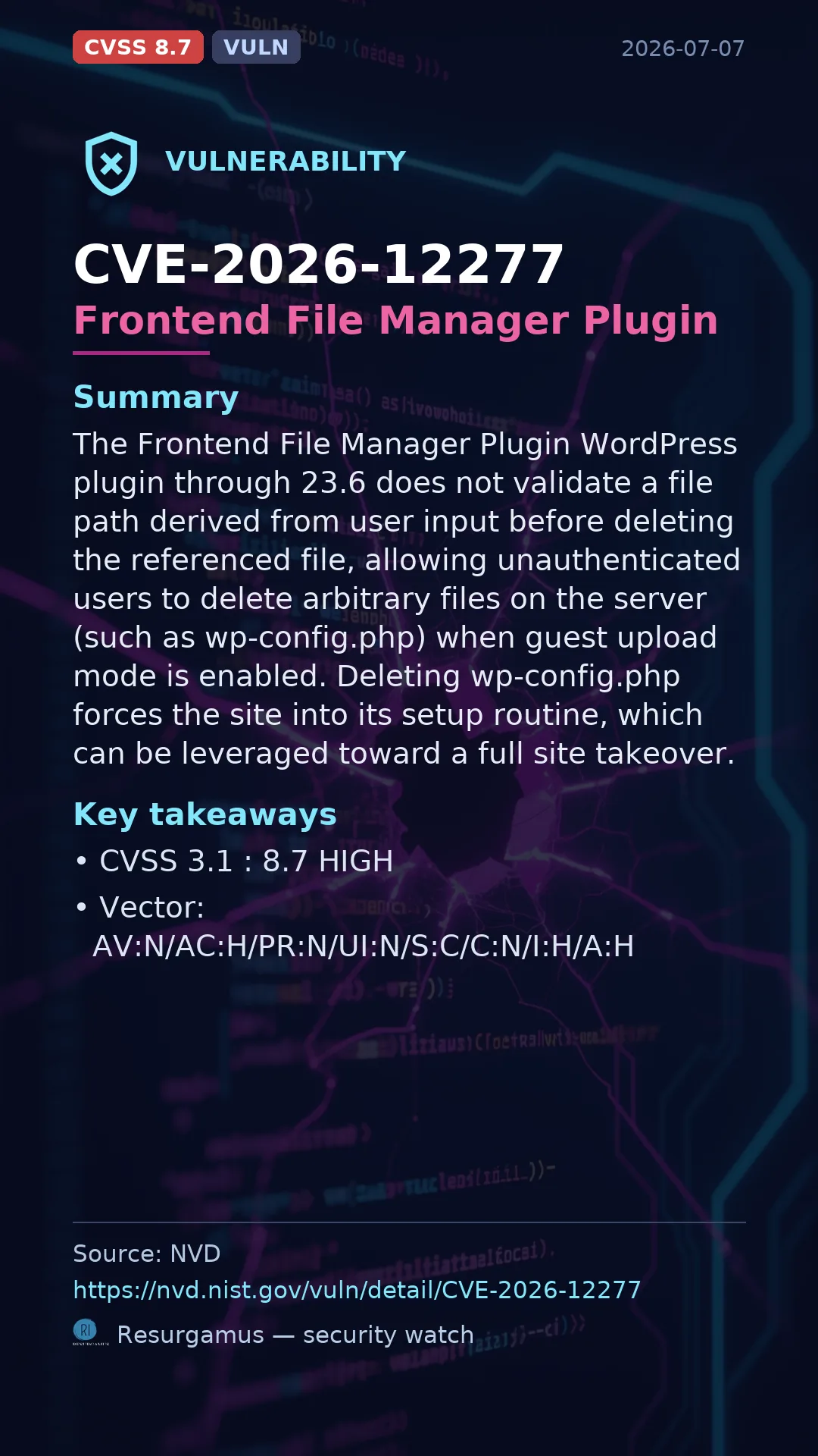 CVE-2026-12277 Frontend File Manager Plugin Vulnerability
