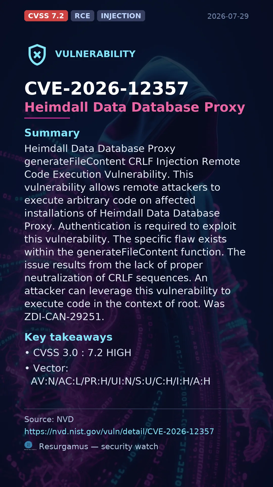 CVE-2026-12357 Heimdall Data Database Proxy Vulnerability