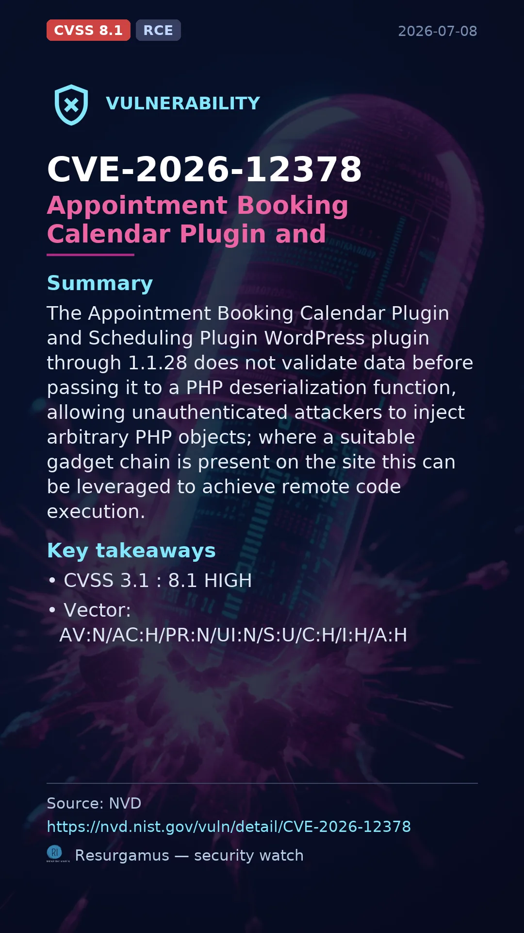 CVE-2026-12378 Appointment Booking Calendar Plugin and  Vulnerability