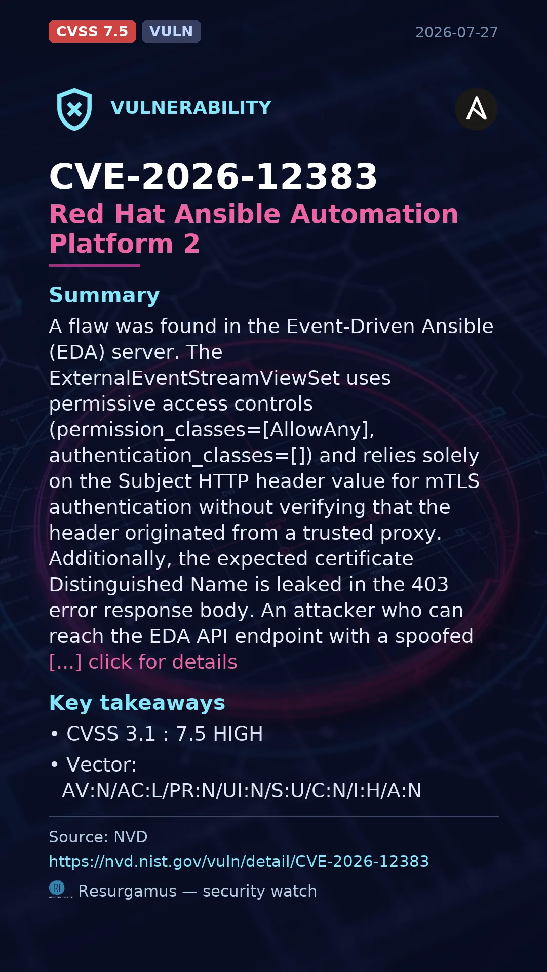 CVE-2026-12383 Red Hat Ansible Automation Platform 2 Vulnerability