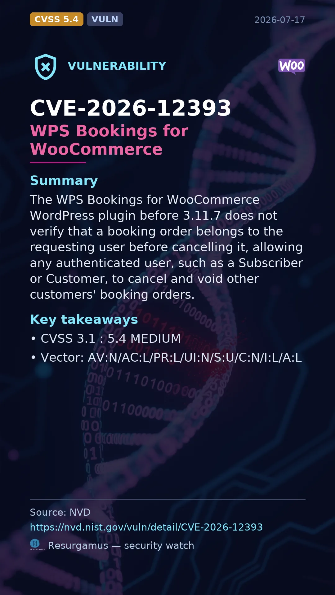 CVE-2026-12393 WPS Bookings for WooCommerce Vulnerability