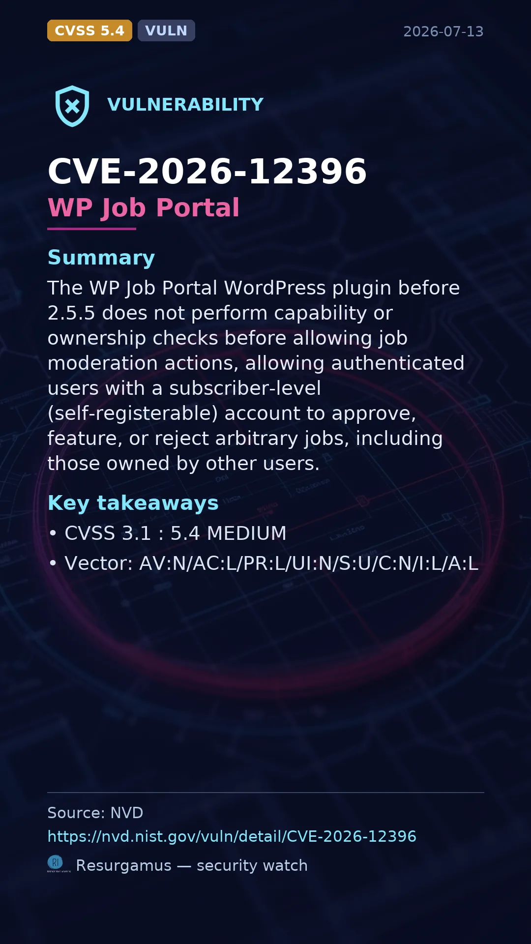 CVE-2026-12396 WP Job Portal Vulnerability
