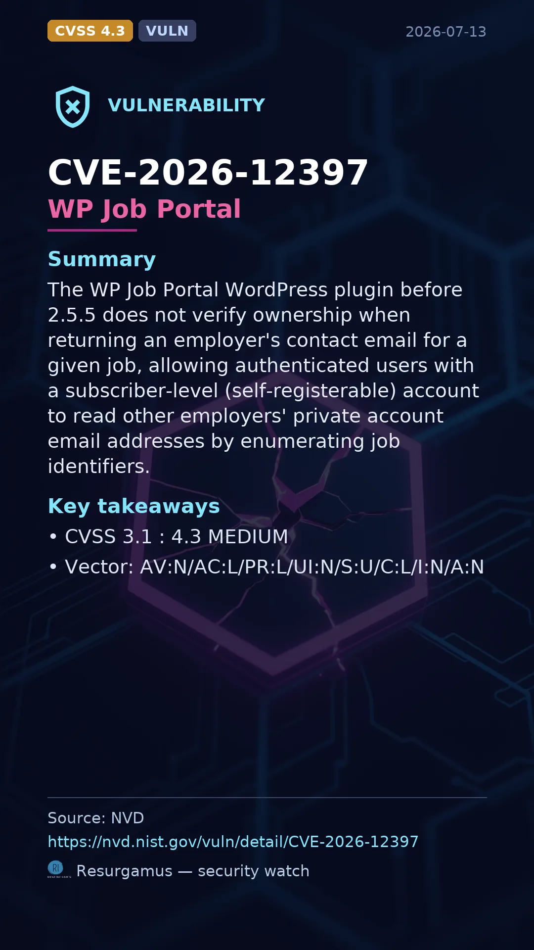 CVE-2026-12397 WP Job Portal Vulnerability