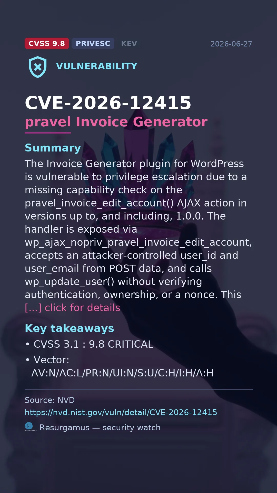 CVE-2026-12415 pravel Invoice Generator Vulnerability
