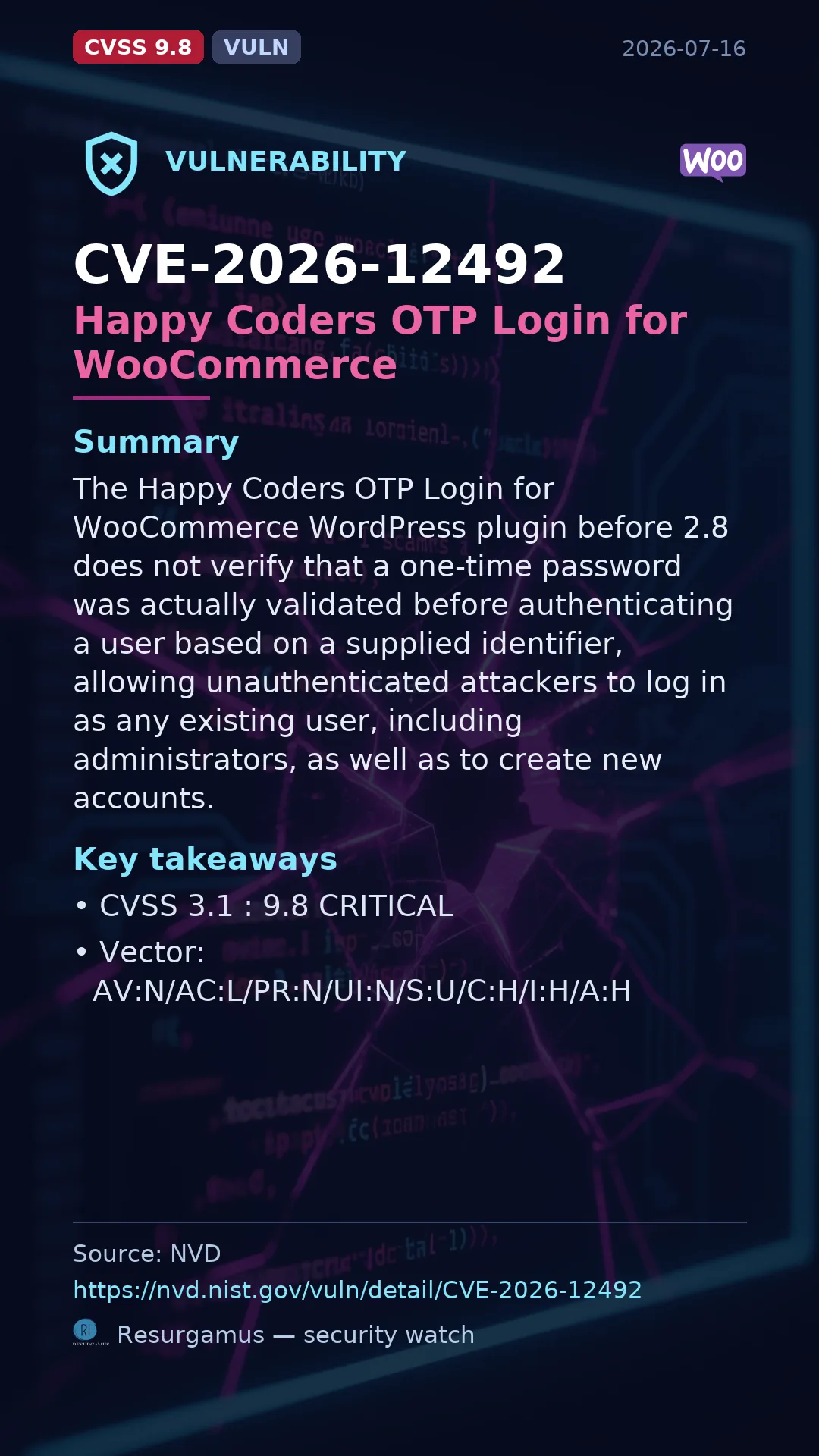 CVE-2026-12492 Happy Coders OTP Login for WooCommerce Vulnerability