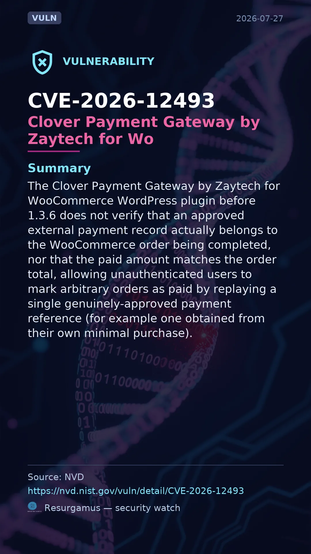 CVE-2026-12493 - Clover Payment Gateway by Zaytech for Wo vulnerability