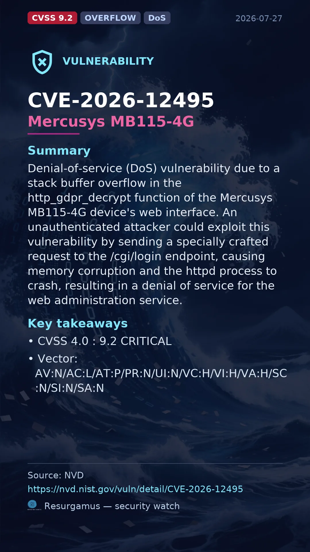 CVE-2026-12495 - Mercusys MB115-4G vulnerability