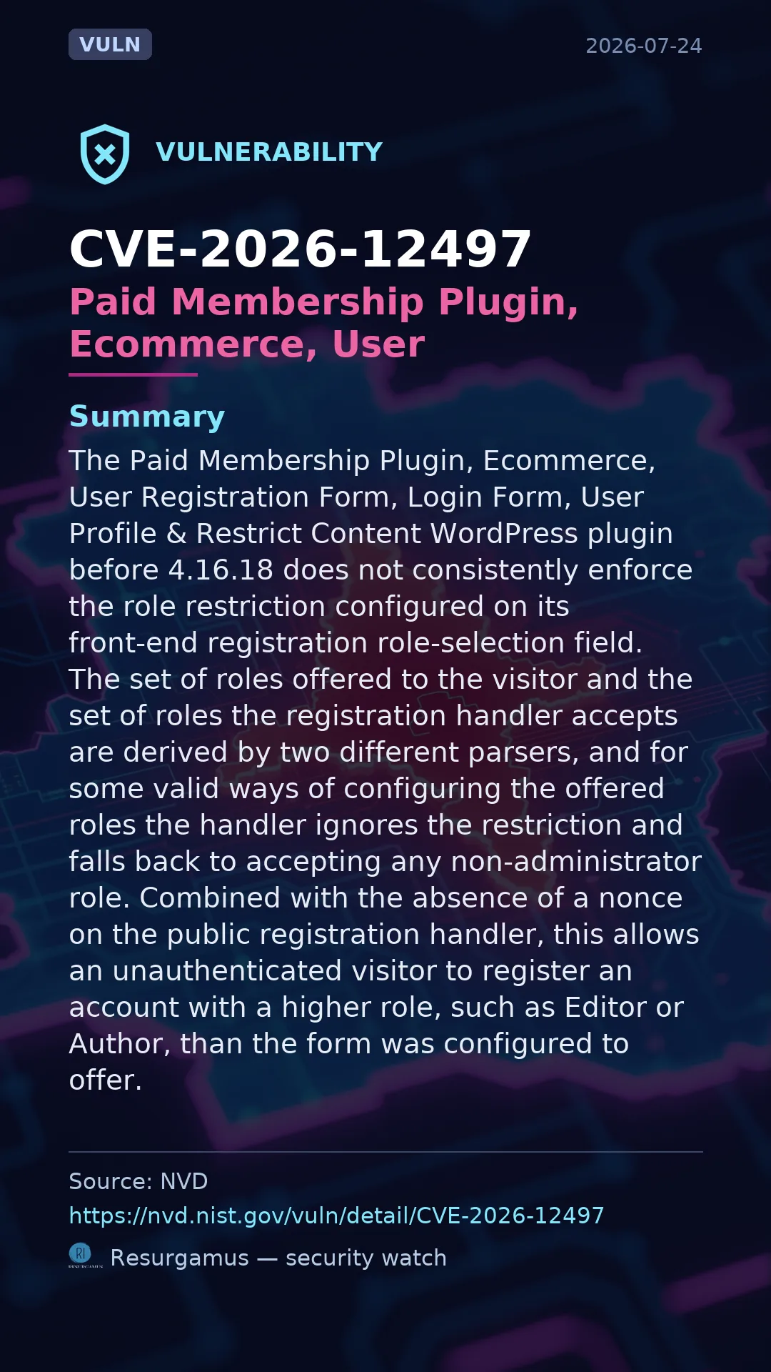 CVE-2026-12497 - Paid Membership Plugin, Ecommerce, User Registration Form, L vulnerability