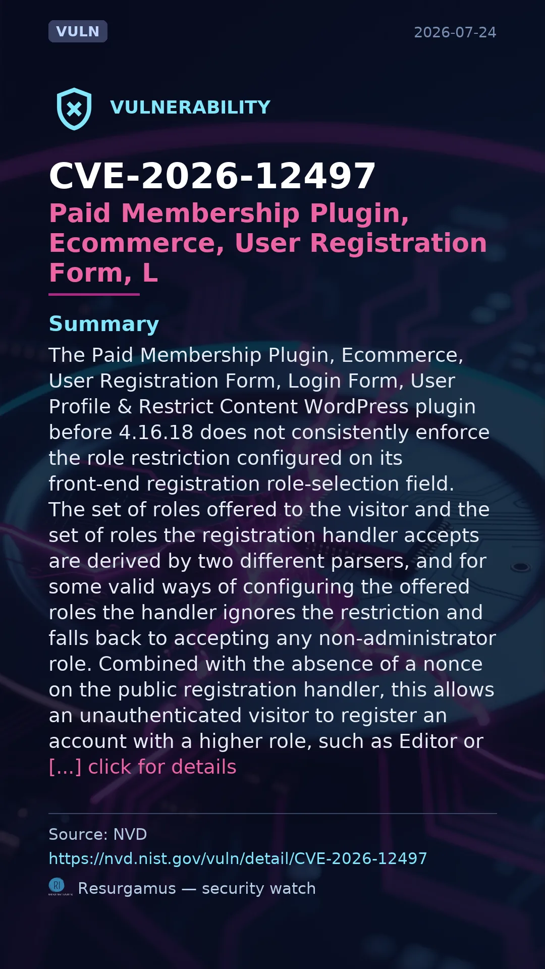 CVE-2026-12497 - Paid Membership Plugin, Ecommerce, User Registration Form, L vulnerability