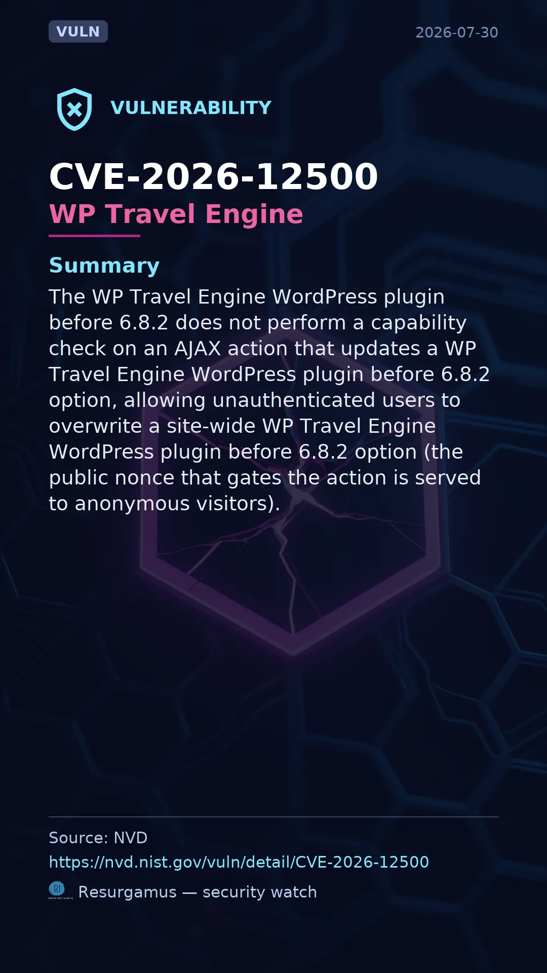 CVE-2026-12500 WP Travel Engine Vulnerability