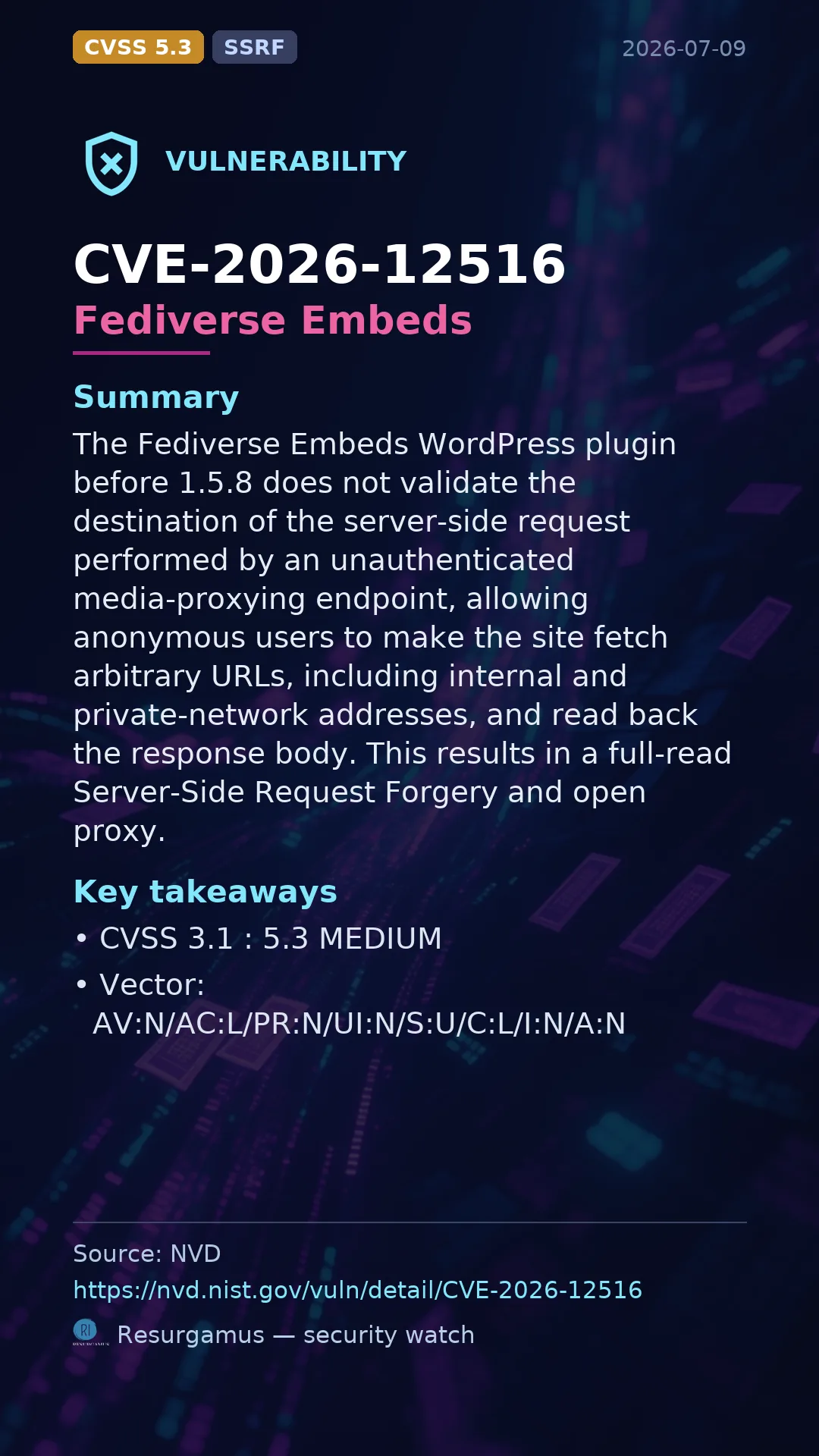 CVE-2026-12516 Fediverse Embeds Vulnerability