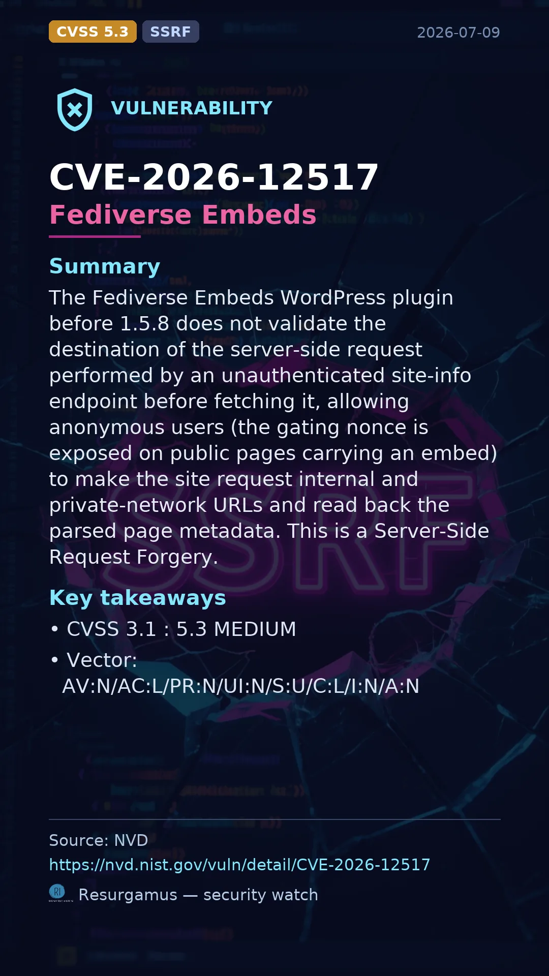 CVE-2026-12517 Fediverse Embeds Vulnerability
