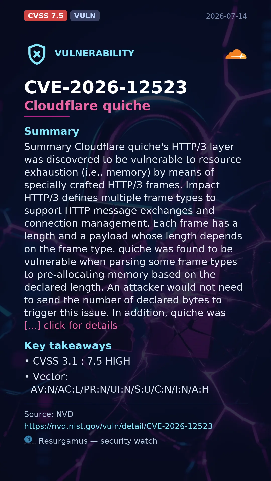 CVE-2026-12523 Cloudflare quiche Vulnerability