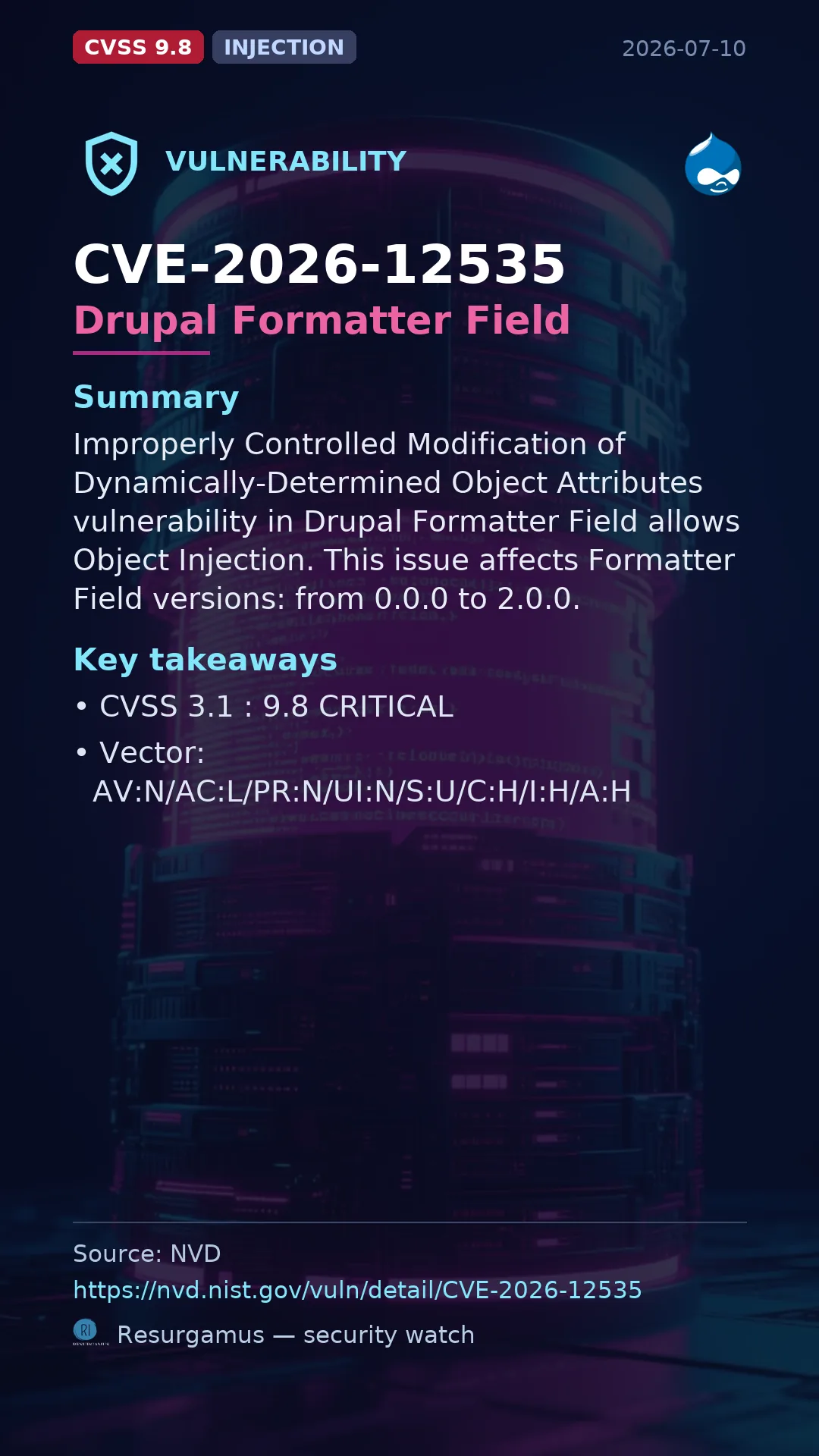 CVE-2026-12535 Drupal Formatter Field Vulnerability