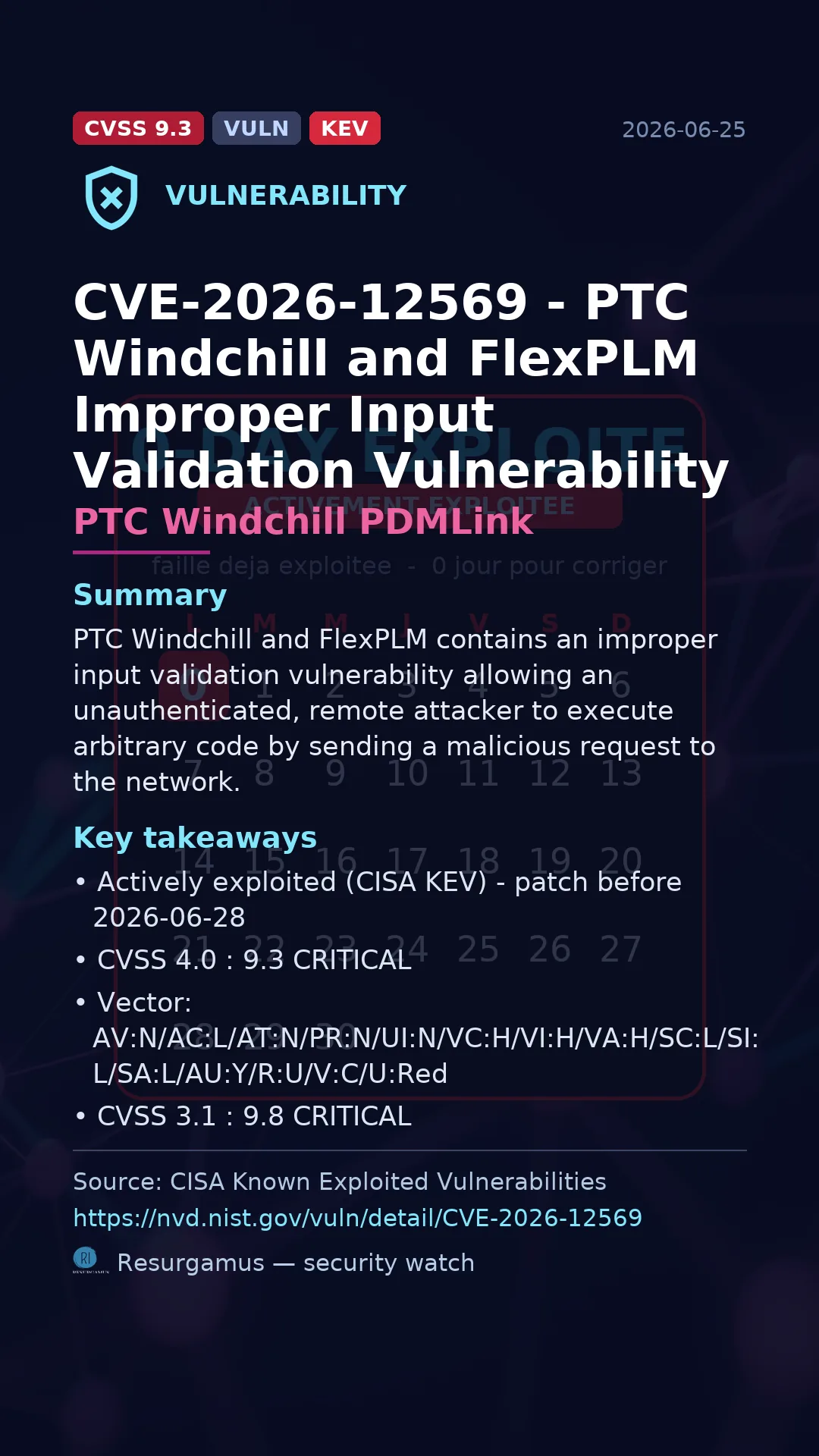 CVE-2026-12569 - PTC Windchill PDMLink - actively exploited (KEV) vulnerability
