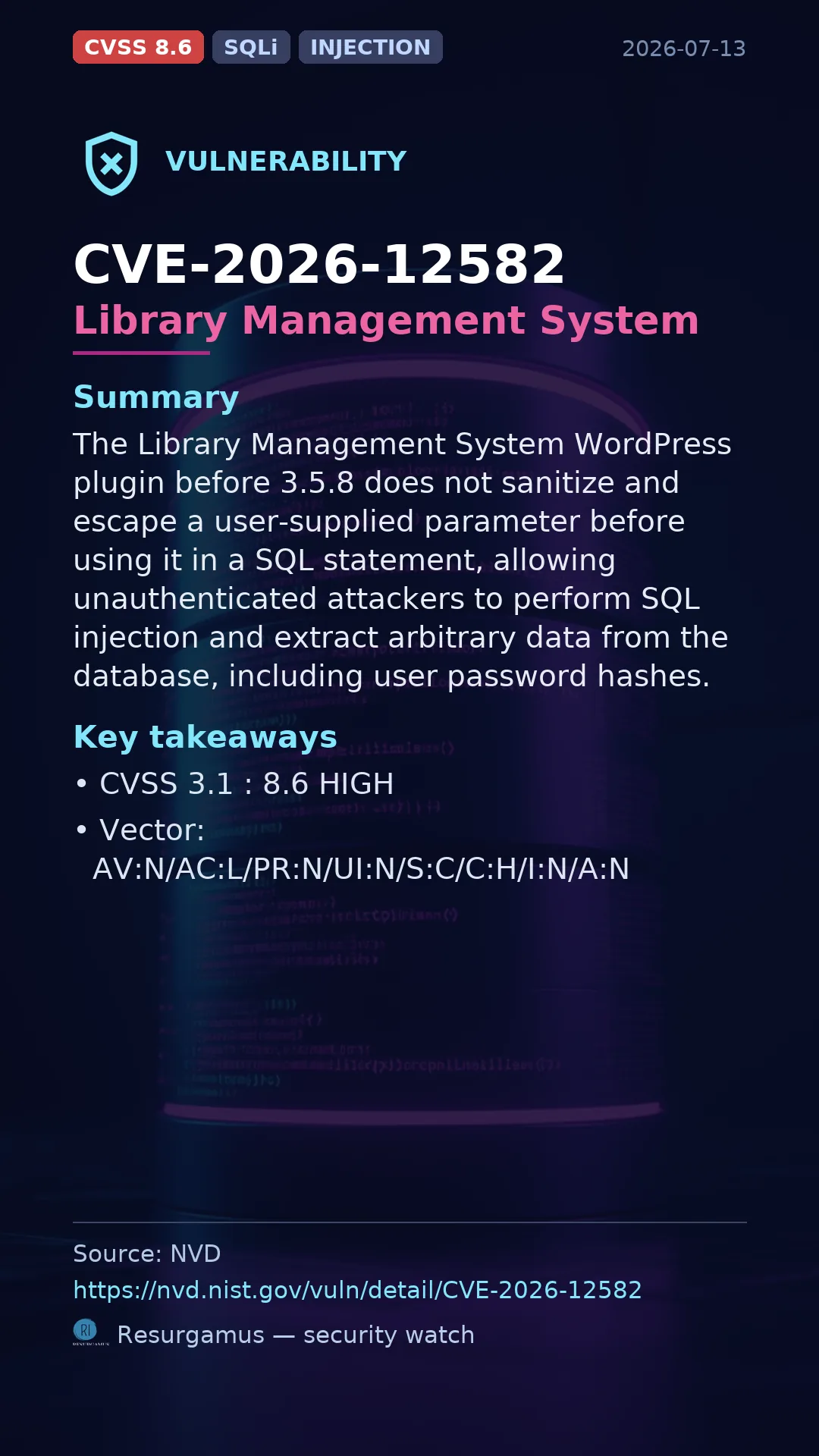 CVE-2026-12582 Library Management System Vulnerability