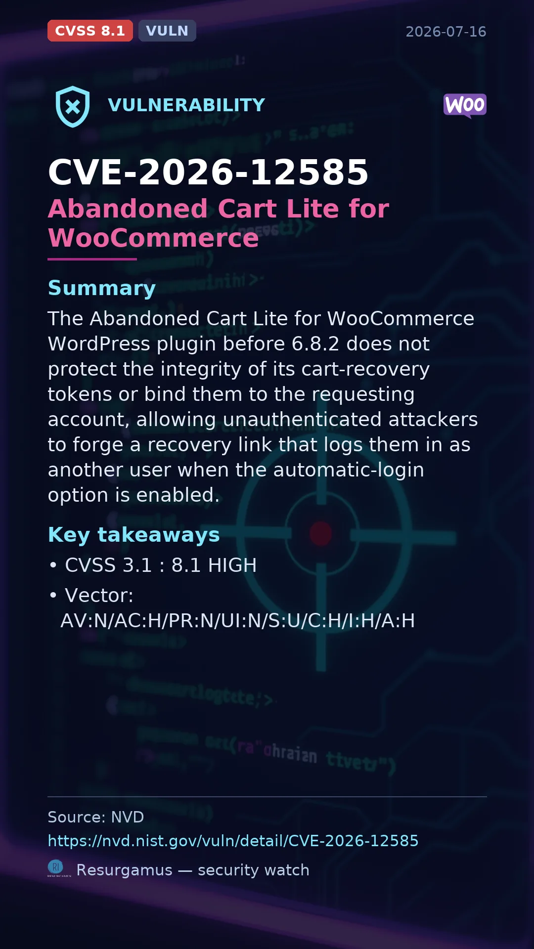 CVE-2026-12585 Abandoned Cart Lite for WooCommerce Vulnerability