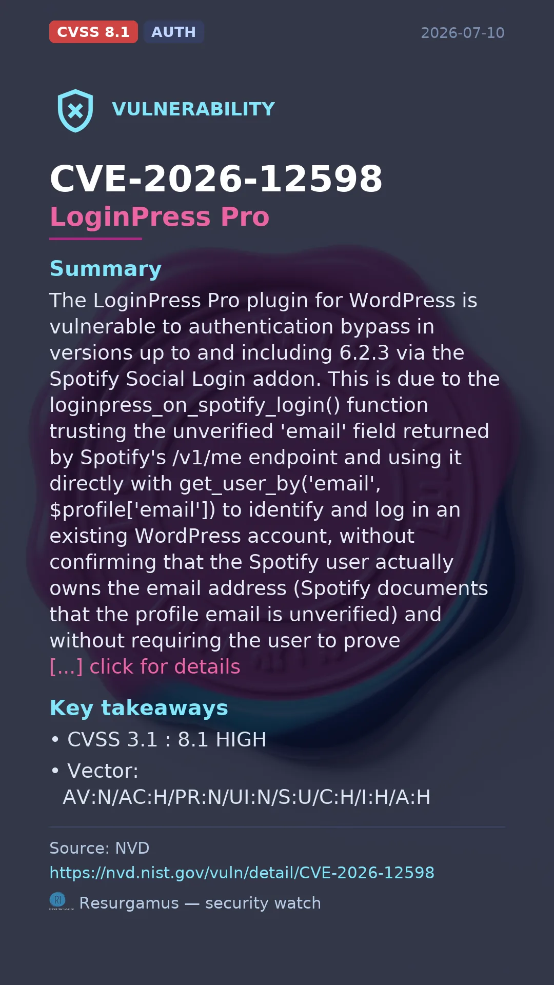 CVE-2026-12598 LoginPress Pro Vulnerability