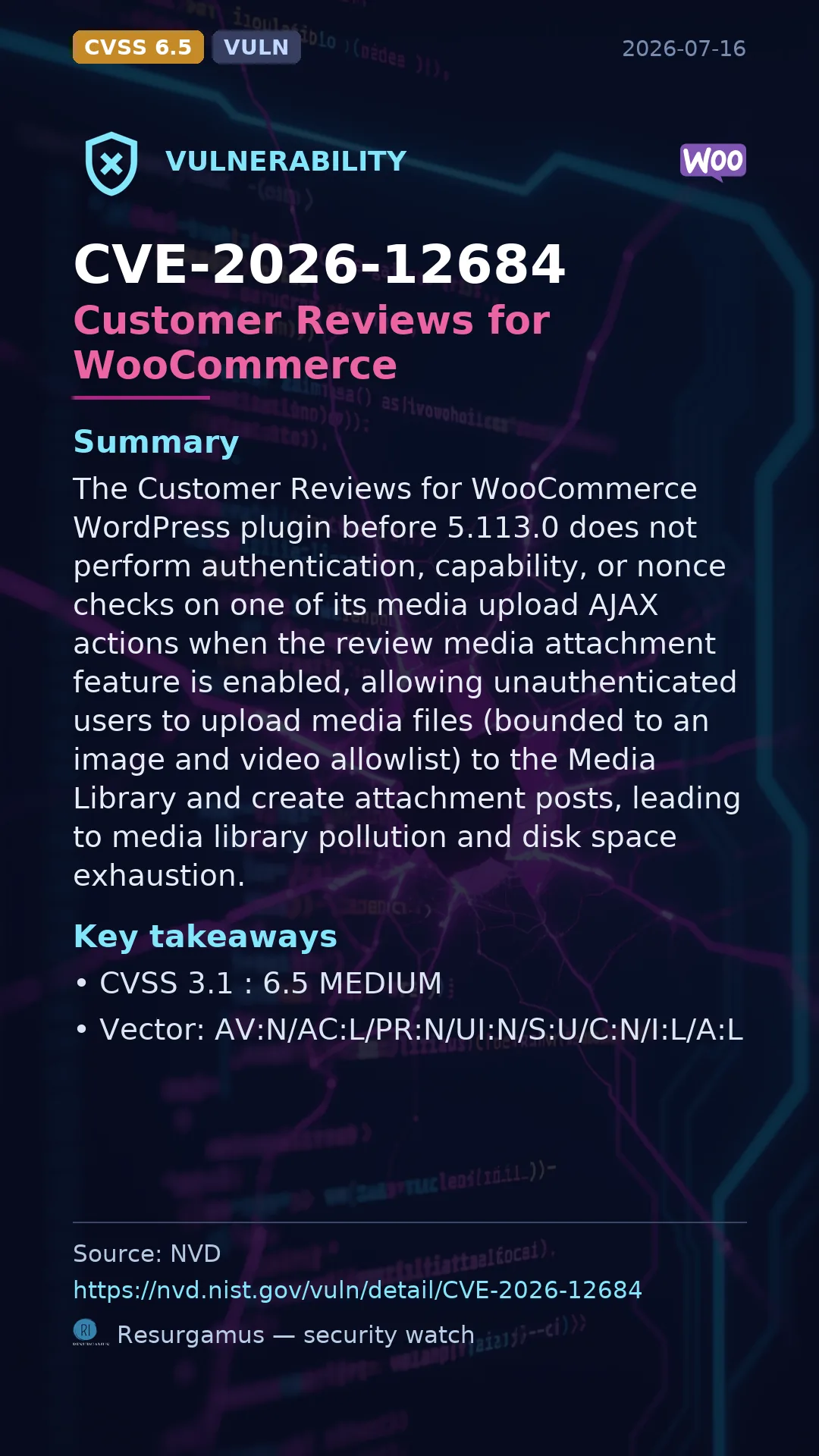 CVE-2026-12684 Customer Reviews for WooCommerce Vulnerability