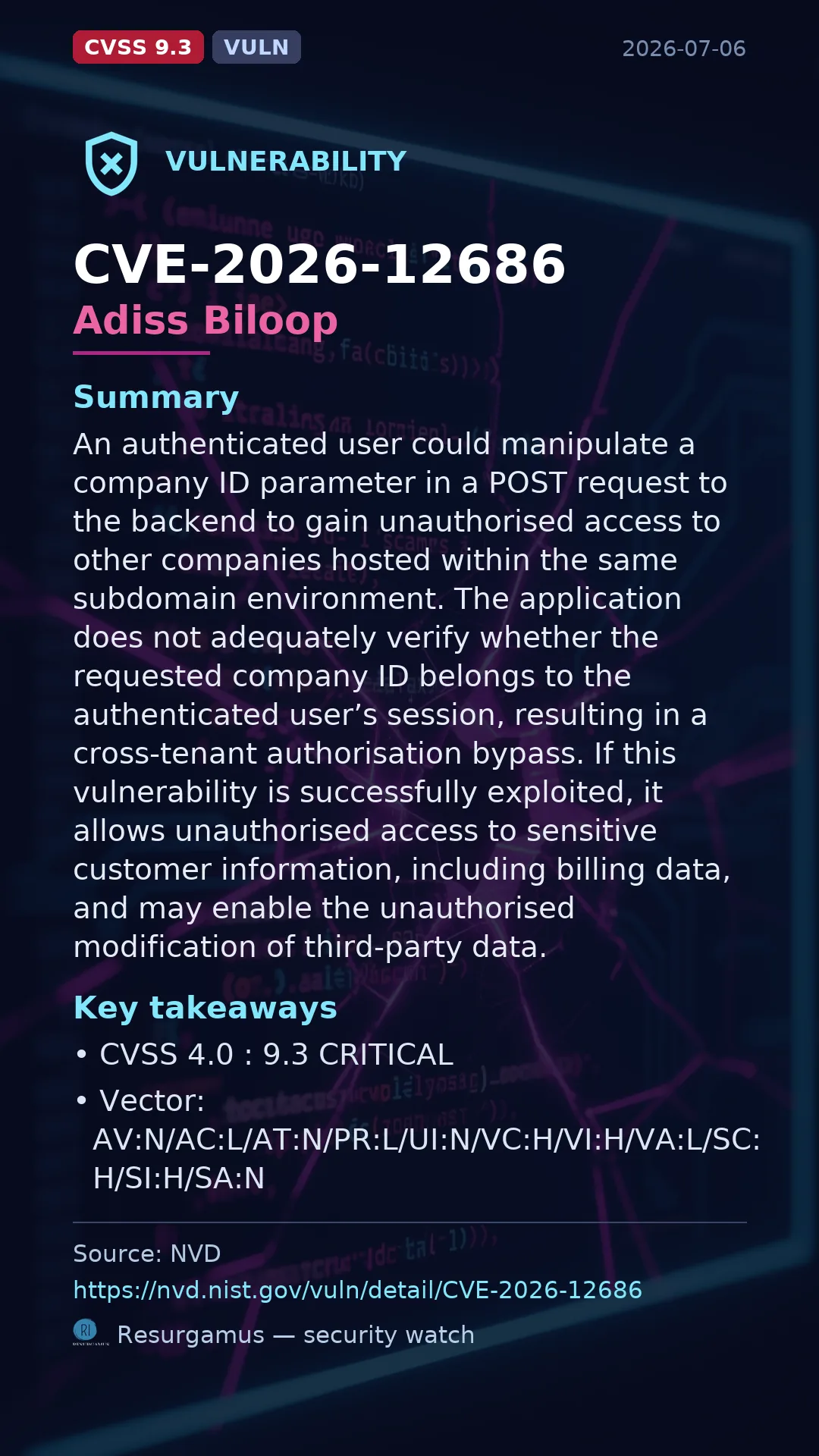 CVE-2026-12686 Adiss Biloop Vulnerability