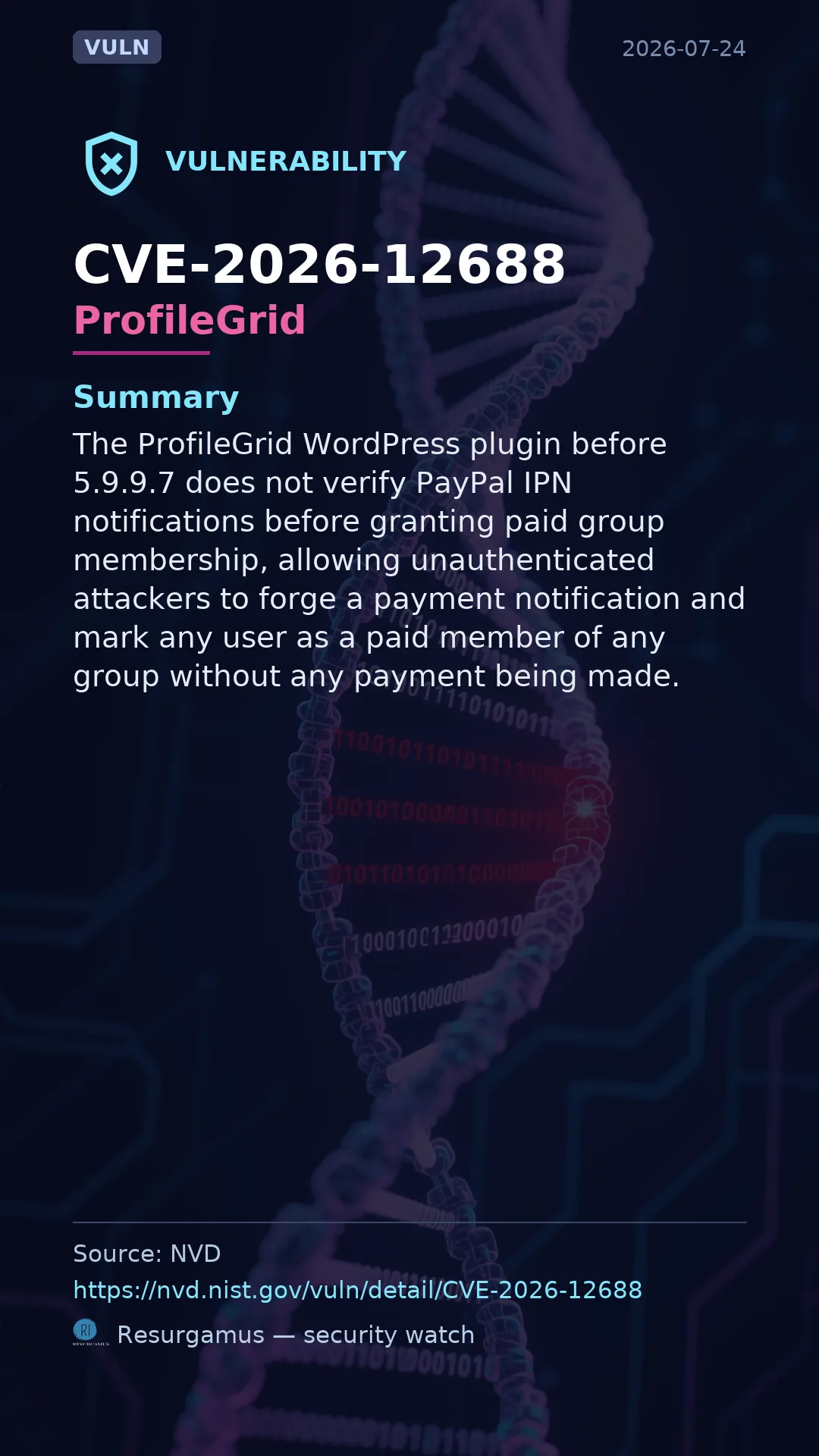 CVE-2026-12688 - ProfileGrid vulnerability