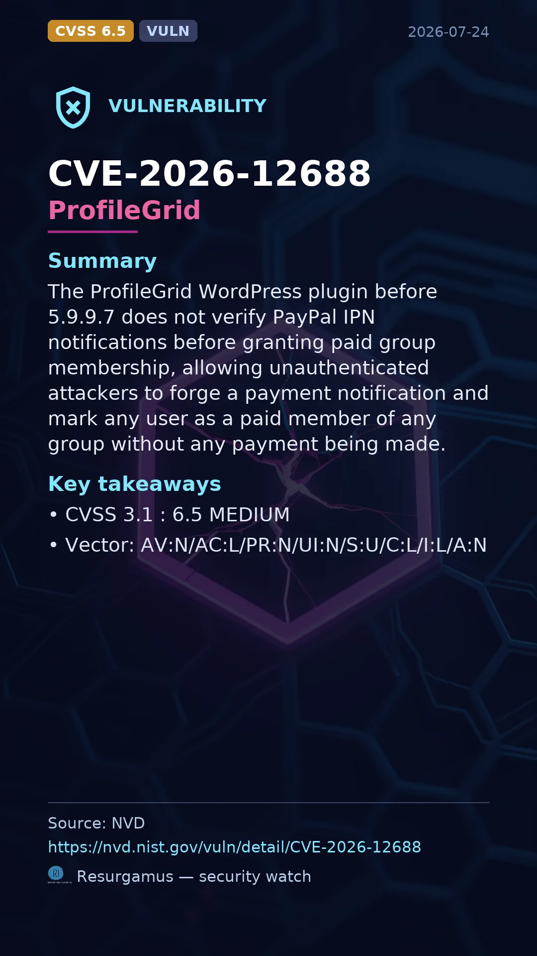 CVE-2026-12688 - ProfileGrid vulnerability