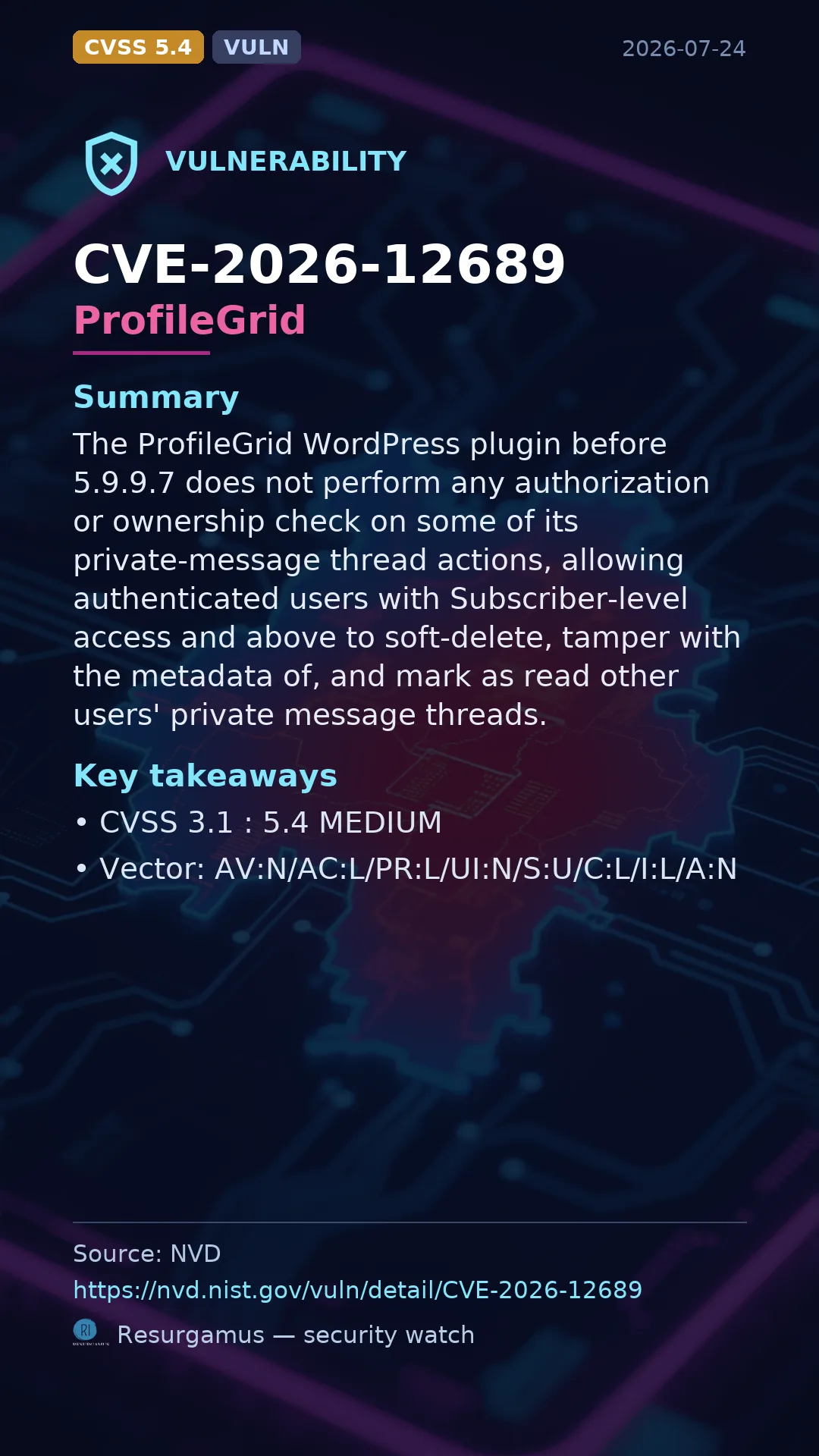 CVE-2026-12689 - ProfileGrid vulnerability