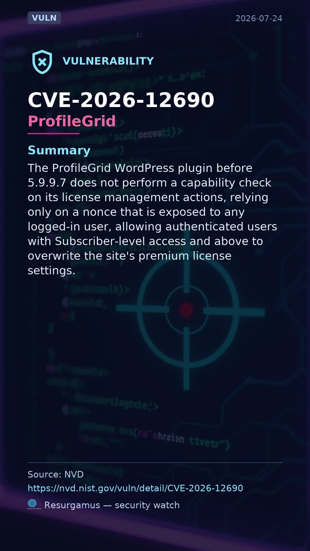 CVE-2026-12690 - ProfileGrid vulnerability