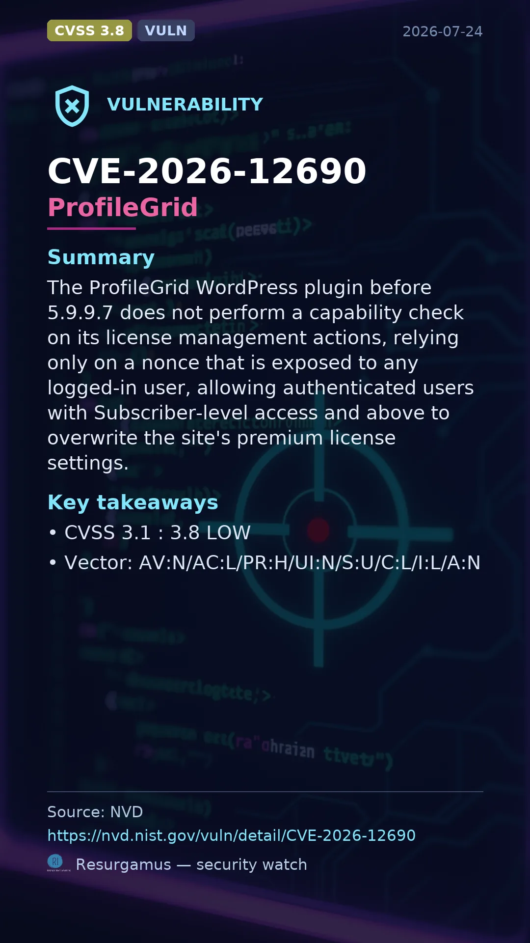 CVE-2026-12690 - ProfileGrid vulnerability